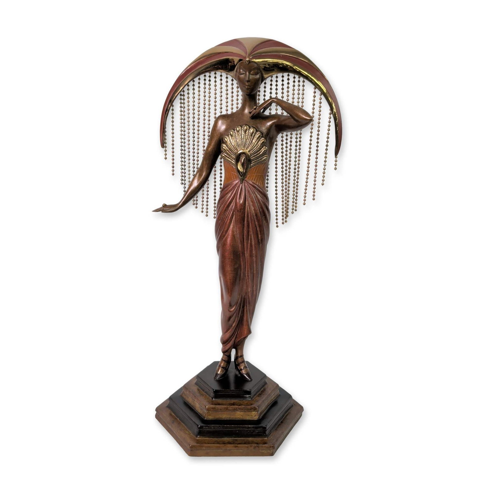 Erte (Russian/French, 1892-1990) Art Deco Bronze Sculpture, Le Soleil, Signed & Numbered: Erte (Romain de Tirtoff) cold-painted bronze sculpture titled Le Soleil, featuring a stylized female figure in a floor-length pleated gown with a metallic shell-form ornament at the waist. A large cre