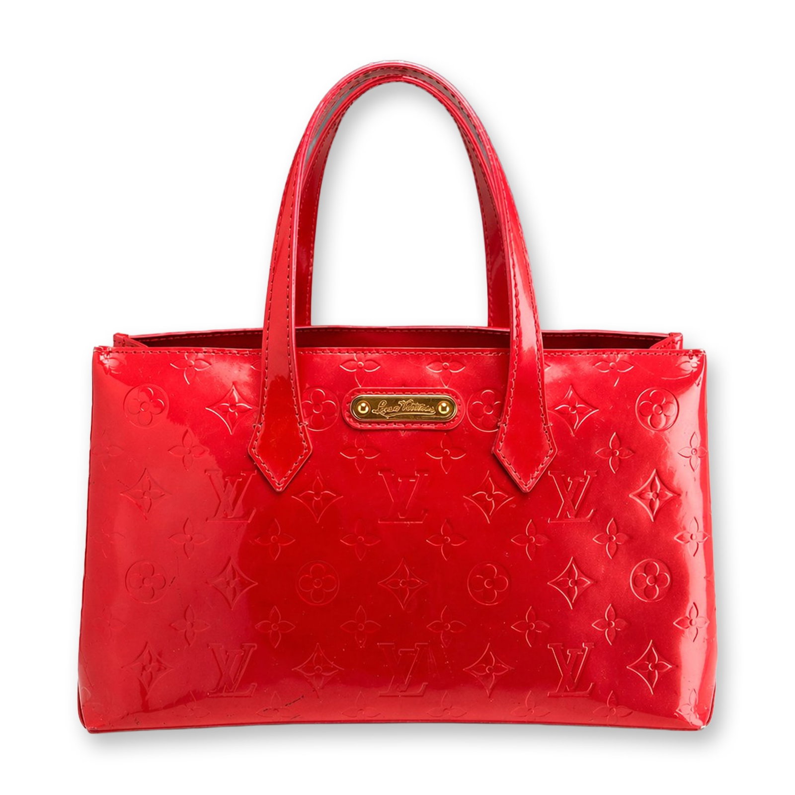 Louis Vuitton Monogram Vernis Wilshire PM Handbag in Red: This Louis Vuitton Wilshire PM handbag is crafted from red Monogram Vernis patent calf leather, featuring the signature LV monogram and floral motifs embossed throughout the exterior. The tote bag des