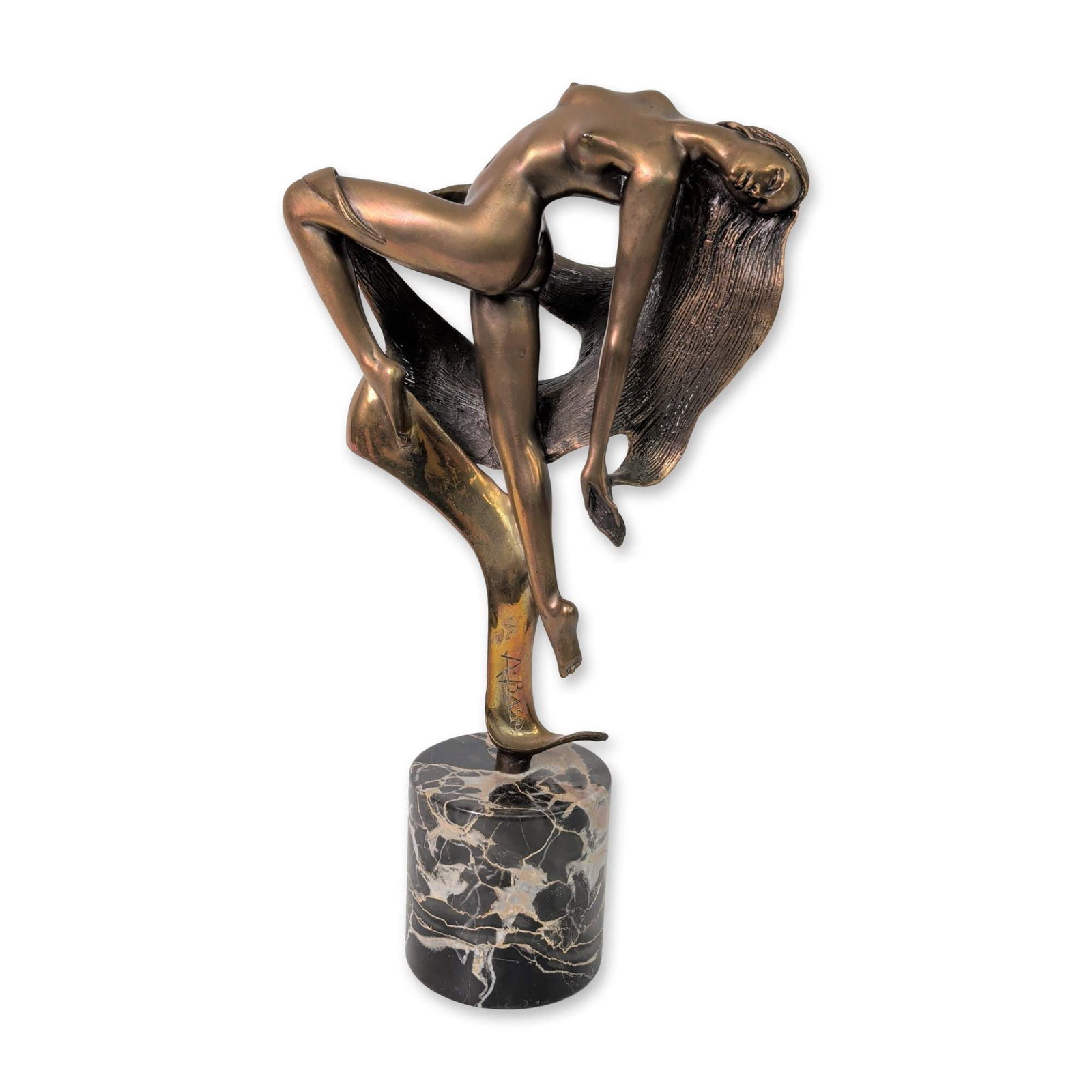 Angelo Basso (Italian, b. 1943), Patinated Bronze Sculpture, Evolution, Signed & Numbered: Angelo Basso contemporary figurative sculpture in cast bronze titled Evolution, produced at the Venturi Arte foundry in Italy. The piece depicts a stylized nude female figure in a dynamic leaping pose