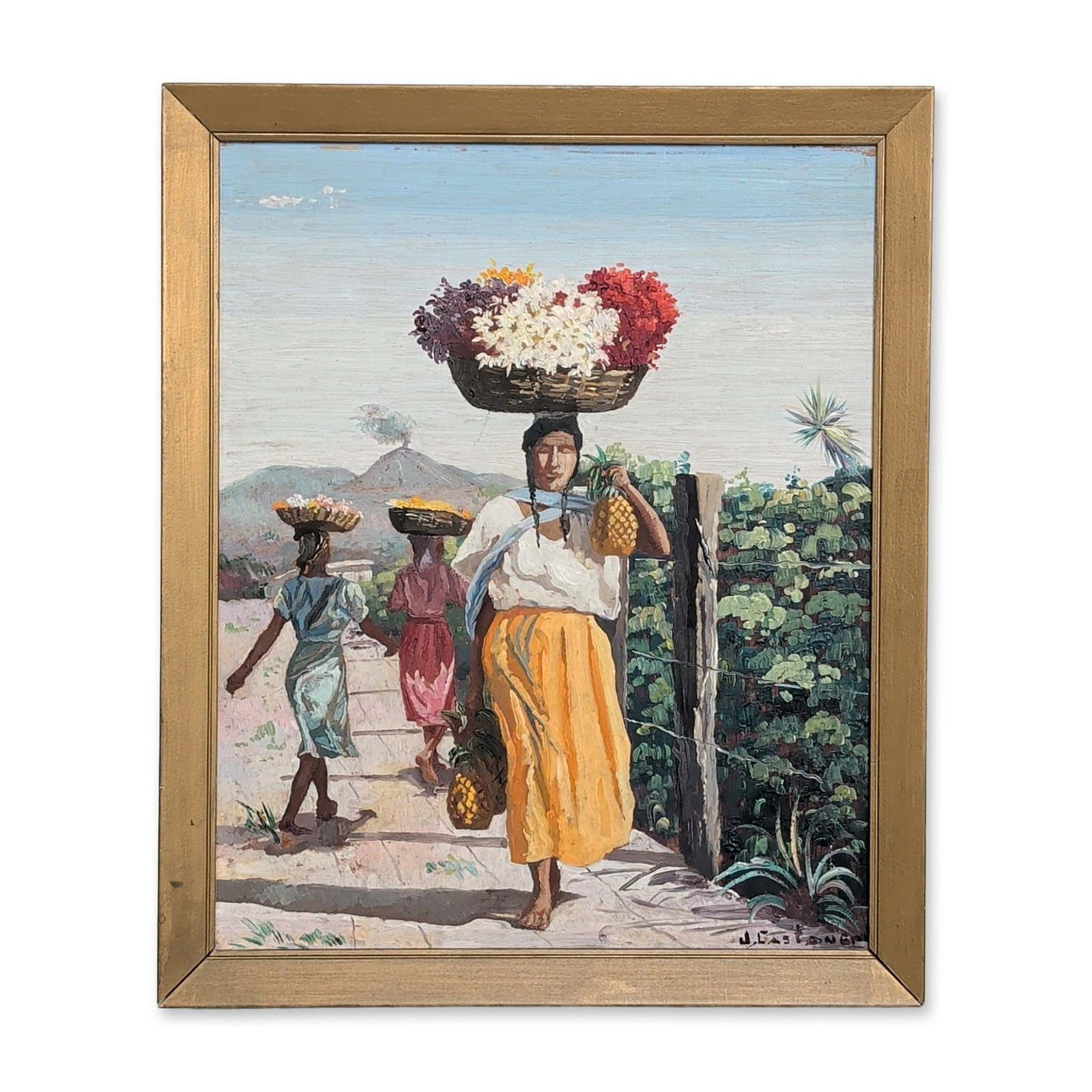 Jean-Claude Castera (Hatian, b. 1939), Flower Sellers: Jean-Claude Castera (Hatian, b. 1939). Indigenist market scene in oil on Masonite, depicting a woman in traditional attire balancing a large basket of flowers on her head, followed by two children als