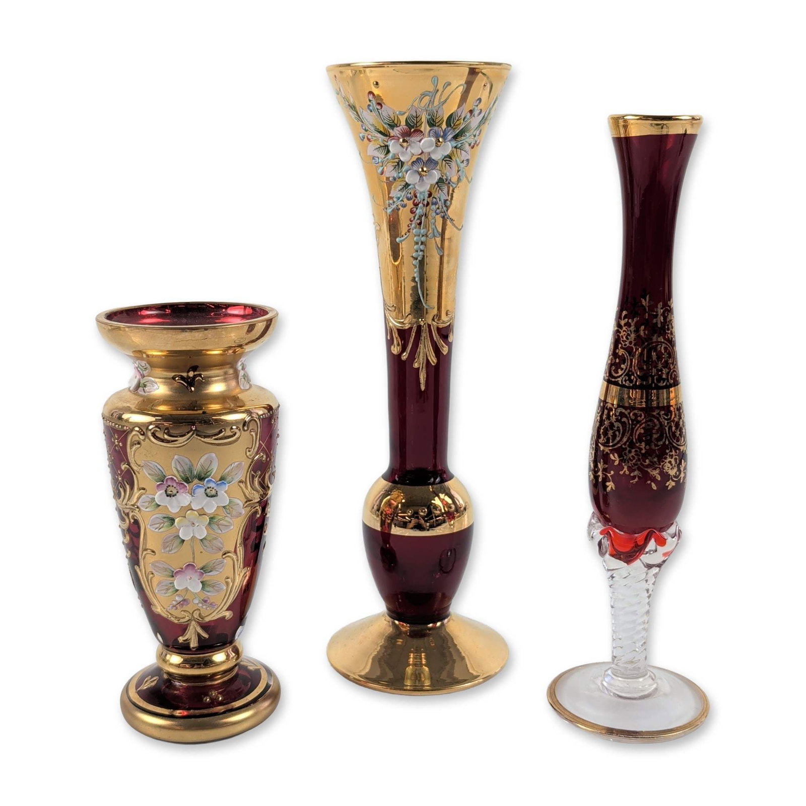 Three Bohemian Cranberry Glass and Gold Vases (1 of 4)