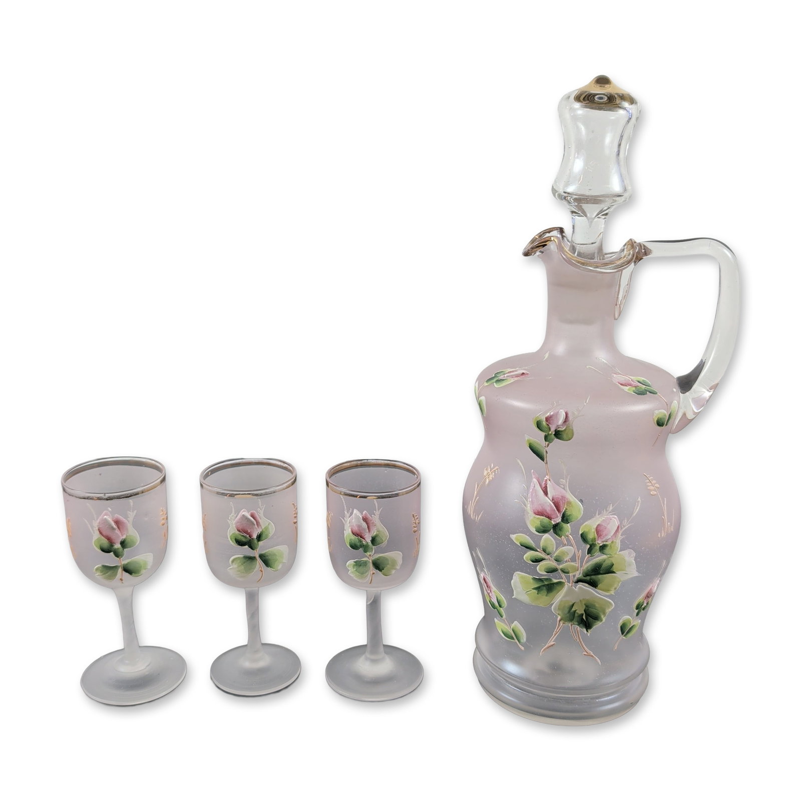 4pc Bohemian Pink Satin Glass Decanter Set (1 of 3)