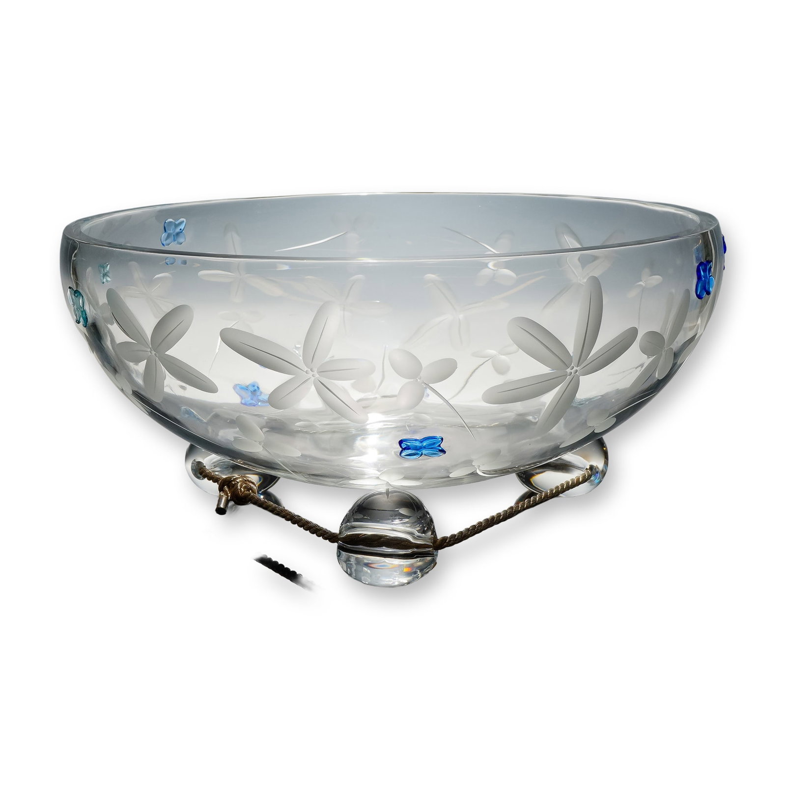 Baccarat France Crystal Butterfly Centerpiece Bowl with Tripod Base & Original Red Box: This stunning centerpiece bowl is a true example of French luxury art glass, showcasing the finest lead-crystal craftsmanship from Baccarat, France. The hefty crystal piece is adorned with delicate, t