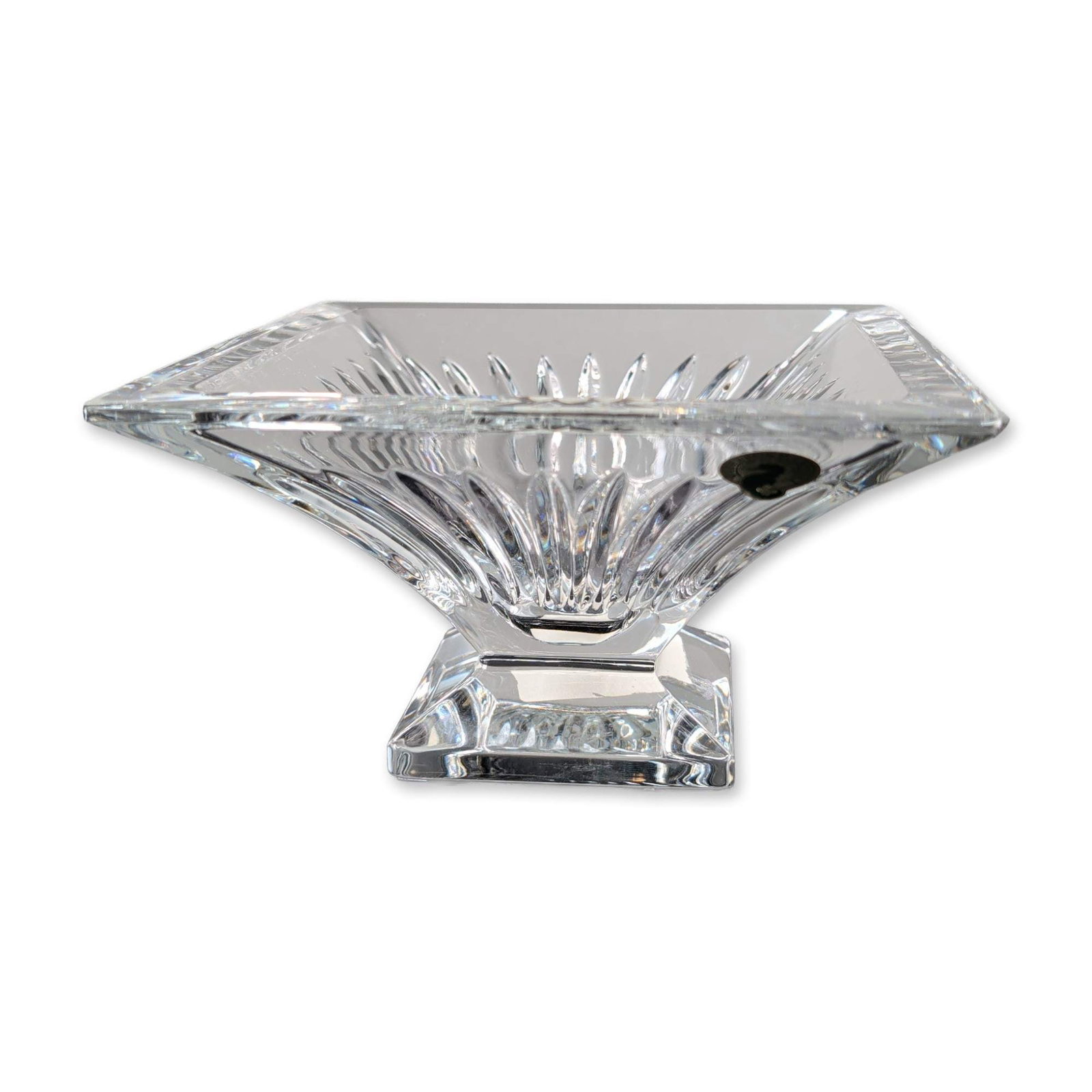 Waterford Clarion Crystal Footed Bowl: Waterford Crystal square pedestal bowl in the Clarion pattern, crafted from lead crystal. The form features flared sides with deep radiating wedge cuts on each face, supported by a solid square pedest