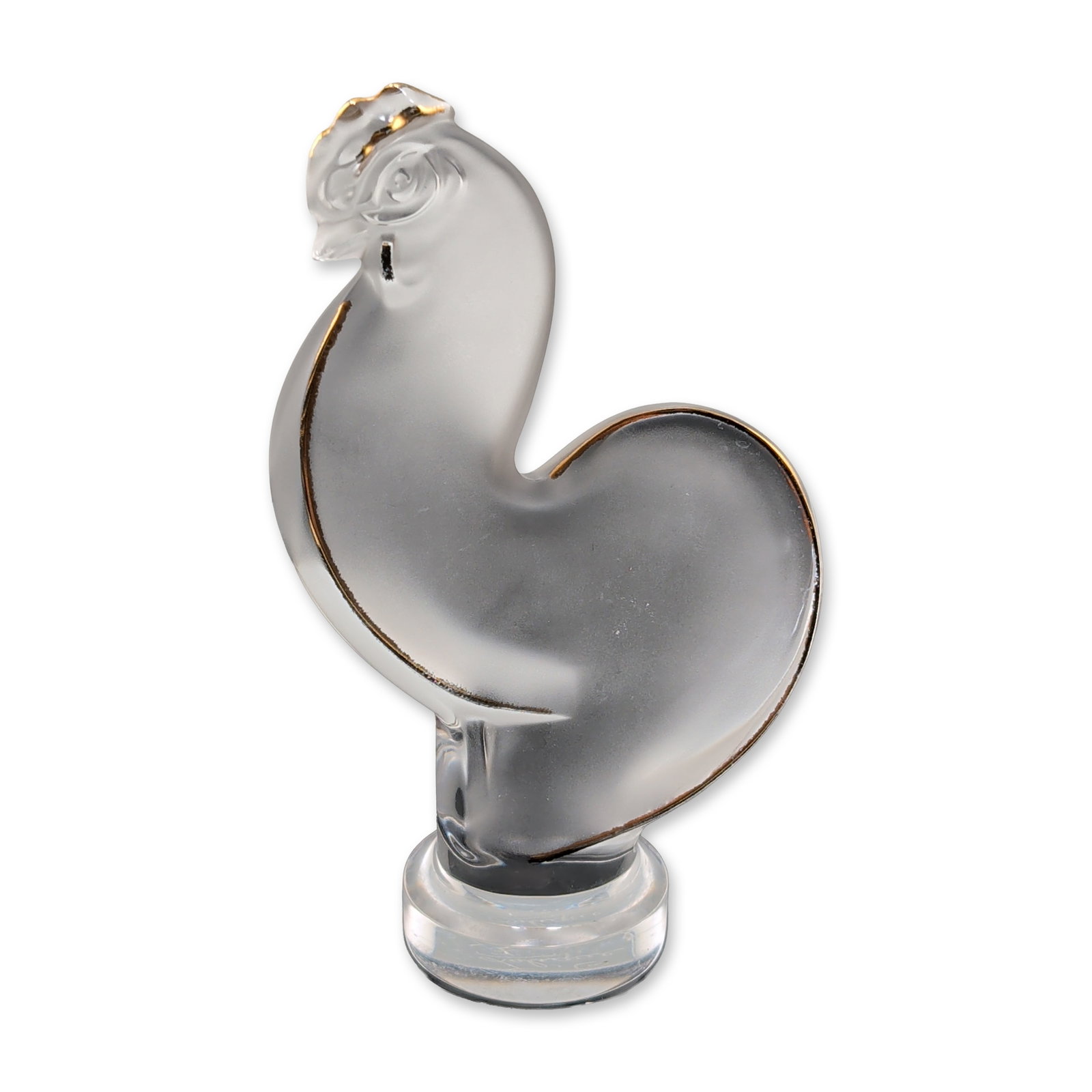 Lalique France Crystal Gold Luster Rooster Figurine: Lalique, France. A glass figurine or paperweight sculpted in the form of a stylized rooster head and neck. The piece is composed of frosted and clear glass featuring a gilt-enamel line along the edges