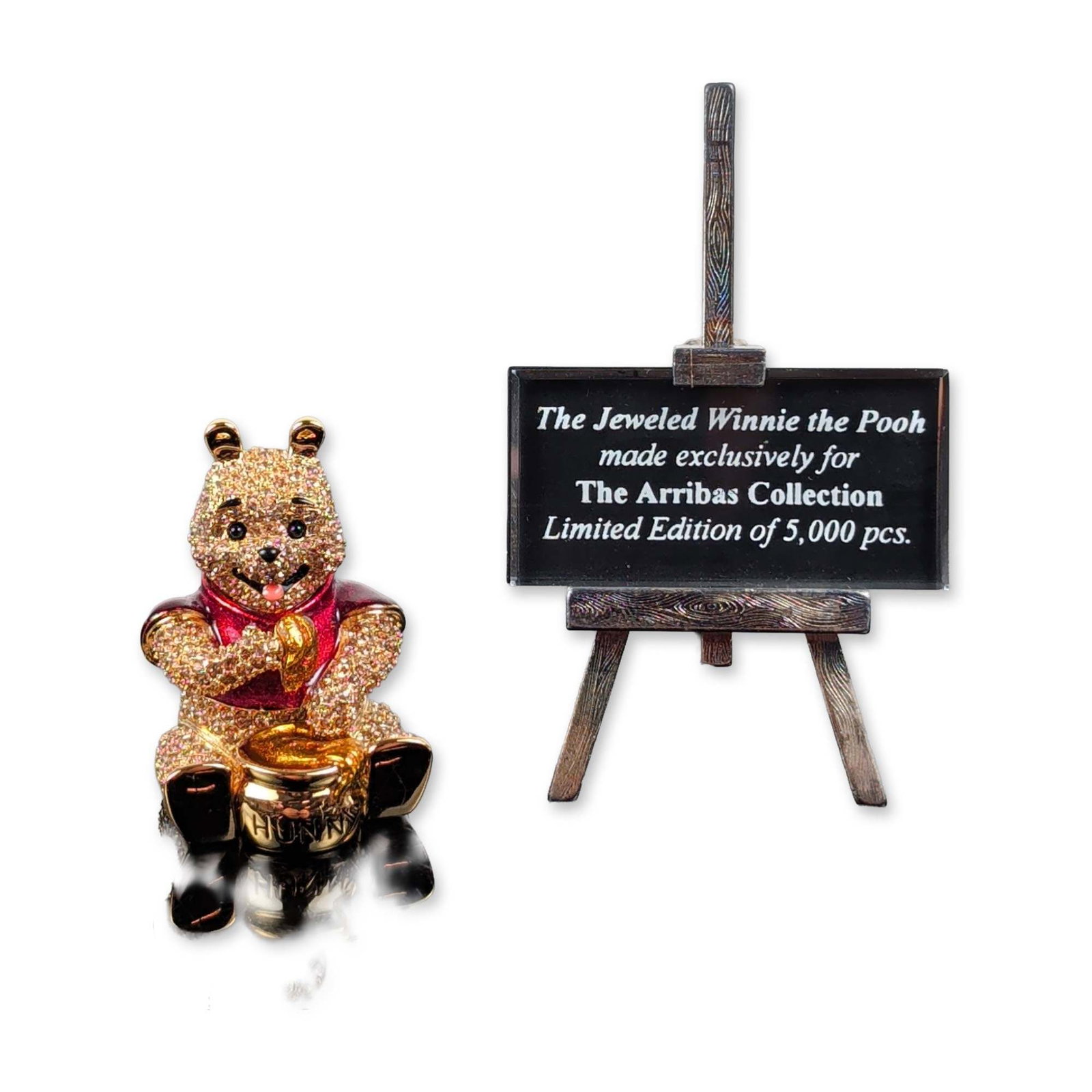 2pc Arribas Brothers Disney Jeweled Winnie the Pooh Figurine: Arribas Brothers jeweled Winnie the Pooh figurine from the Arribas Collection, produced in a limited edition of 5,000 pieces. The figure is constructed of gold-tone metal densely encrusted with yellow