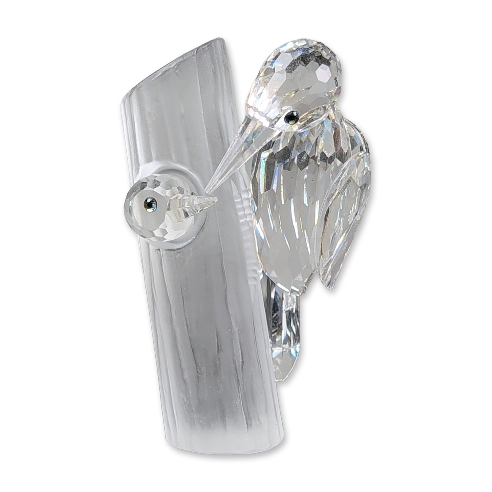 Swarovski Crystal 1988 Annual Edition Figurine, Woodpeckers - Sharing: Figurine in faceted lead crystal and frosted crystal, depicting woodpeckers perched on a frosted branch. The birds are rendered in clear faceted crystal with small, dark inset eyes. The underside of t