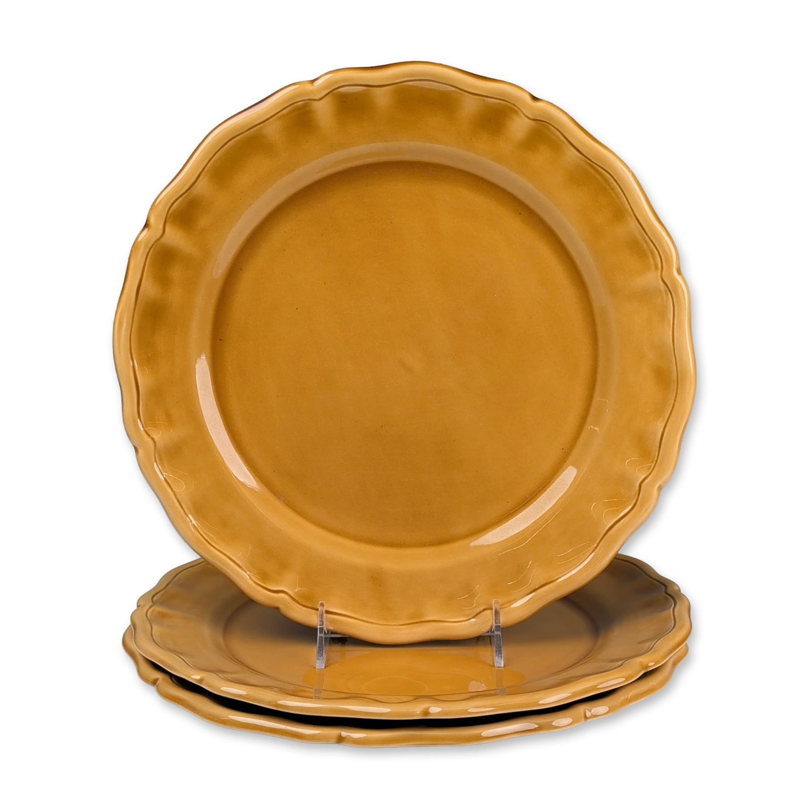 3pc Christophe Pichon Uzes French Glazed Earthenware Chargers: Christophe Pichon (Uzes, France), trio of glazed earthenware chargers finished in a mustard yellow glaze. Each plate is designed with a circular form and a soft scalloped, lobed rim. The handcrafted n