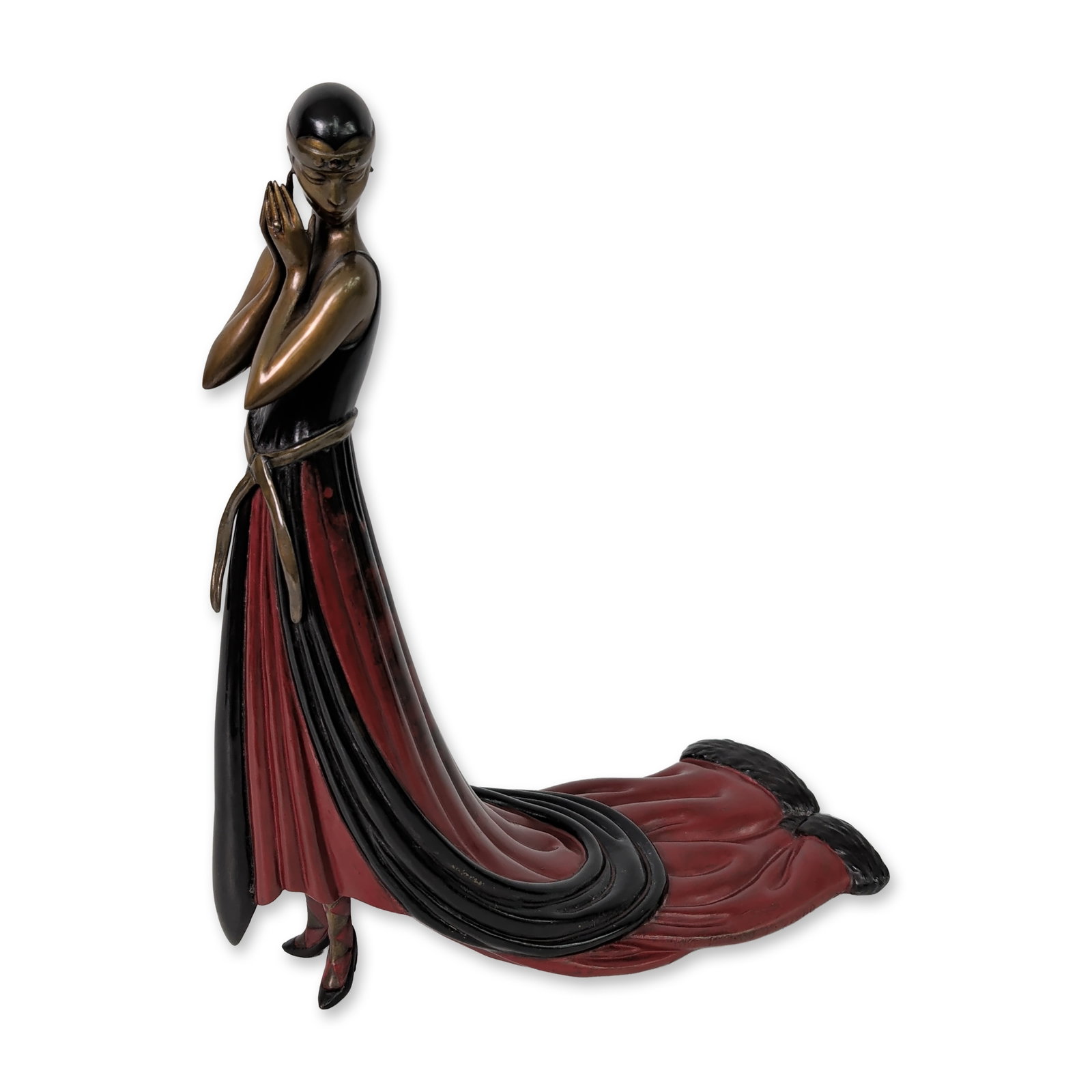 Erte (Russian/French, 1892-1990) Polychrome Bronze Sculpture, Splendor, Signed & Numbered: Erte Art Deco sculpture in polychrome cold-cast bronze, titled Splendor, depicting a stylized elongated female figure in a floor-length red gown with black trim and accents. The figure is finished in 