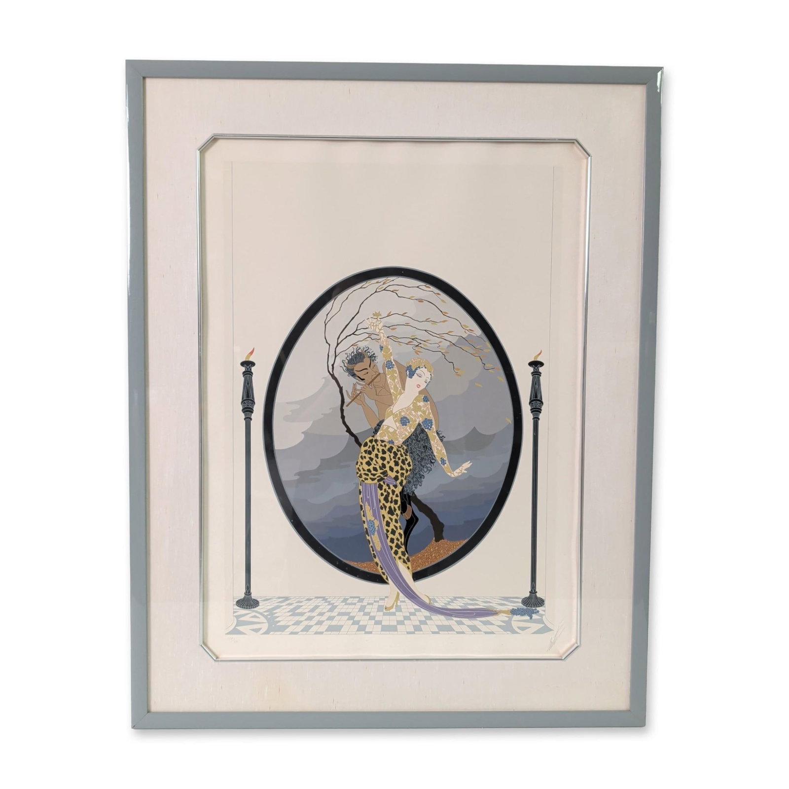 Erte (Russian/French, 1892-1990), Serigraph on Paper, Signed & Numbered: Erte (Romain de Tirtoff) Art Deco screenprint on paper titled Woman and Satyr, depicting a mythological nymph in leopard-print and floral-patterned garments accompanied by a flute-playing satyr. The c