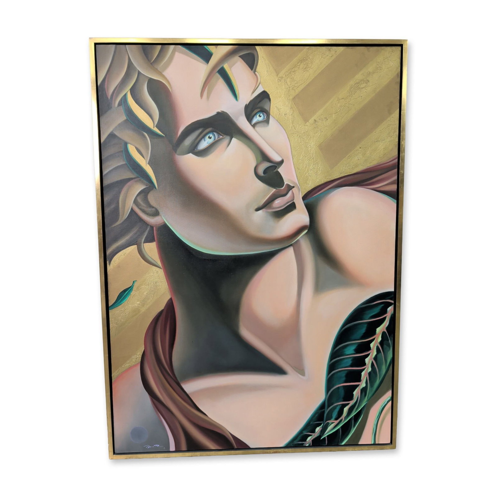 Attributed to Robert Moser (American 1953-2024) Art Deco Mixed Media on Canvas, Adam, Signed: Art Deco figurative painting in acrylic on stretched canvas, depicting Adam as a stylized male figure from a dynamic low-angle perspective, attributed to Robert Moser. The work features smooth, blende