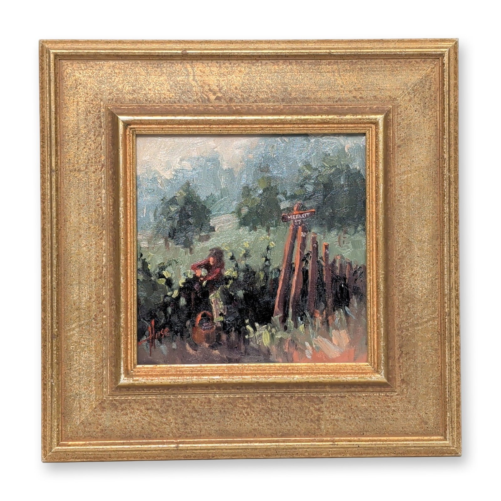 Debra Huse (American, b. 1950) Oil on Canvas, Vineyard Harvest Scene, Signed: Debra Huse (American, b. 1950) Impressionist oil painting on canvas depicting a figure in a red garment harvesting grapes within a vineyard. The composition includes a vineyard post inscribed Merlot o