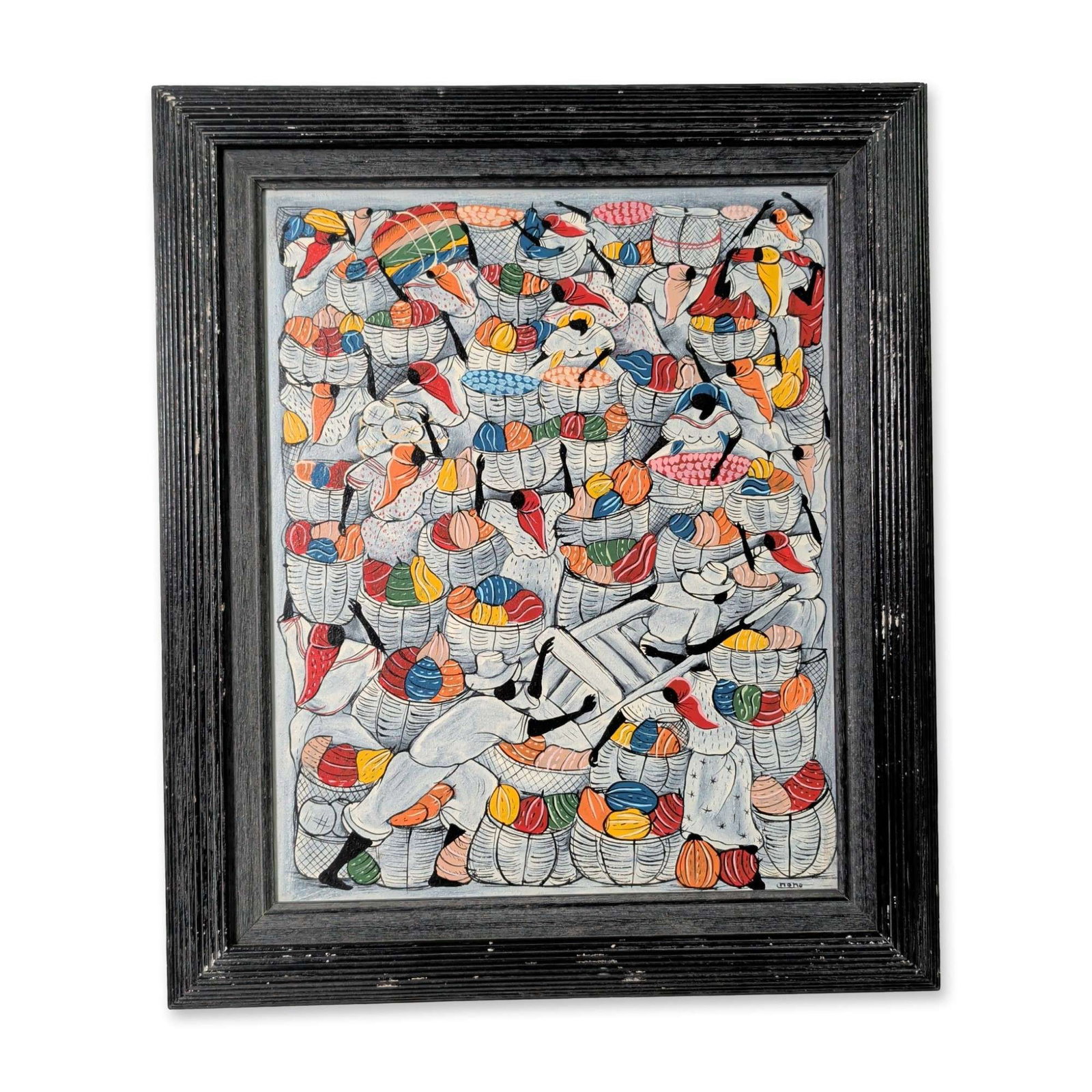 Momo (Haitian, 20th-21st Century) Oil on Canvas, Haitian Market Scene, Signed: Haitian oil on canvas painting by Momo featuring a market scene with a dense arrangement of stylized figures carrying baskets and colorful bundles in a rhythmic, crowded composition. Signed Momo with 