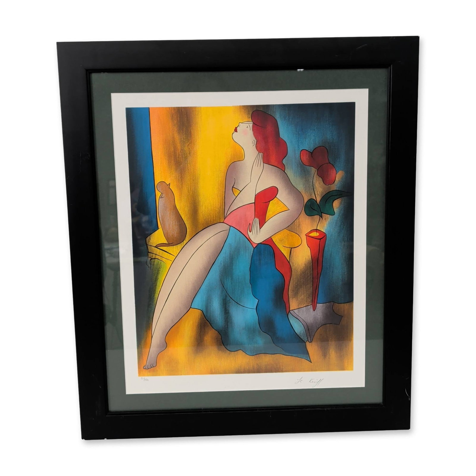 Linda Le Kinff (French, b. 1949), Color Serigraph on Paper, Cherie, Signed & Numbered w/ COA: Linda Le Kinff (French, born 1949) color serigraph on wove paper titled Cherie. The composition depicts a stylized female figure with vibrant red hair and a flowing blue skirt against a bright yellow 