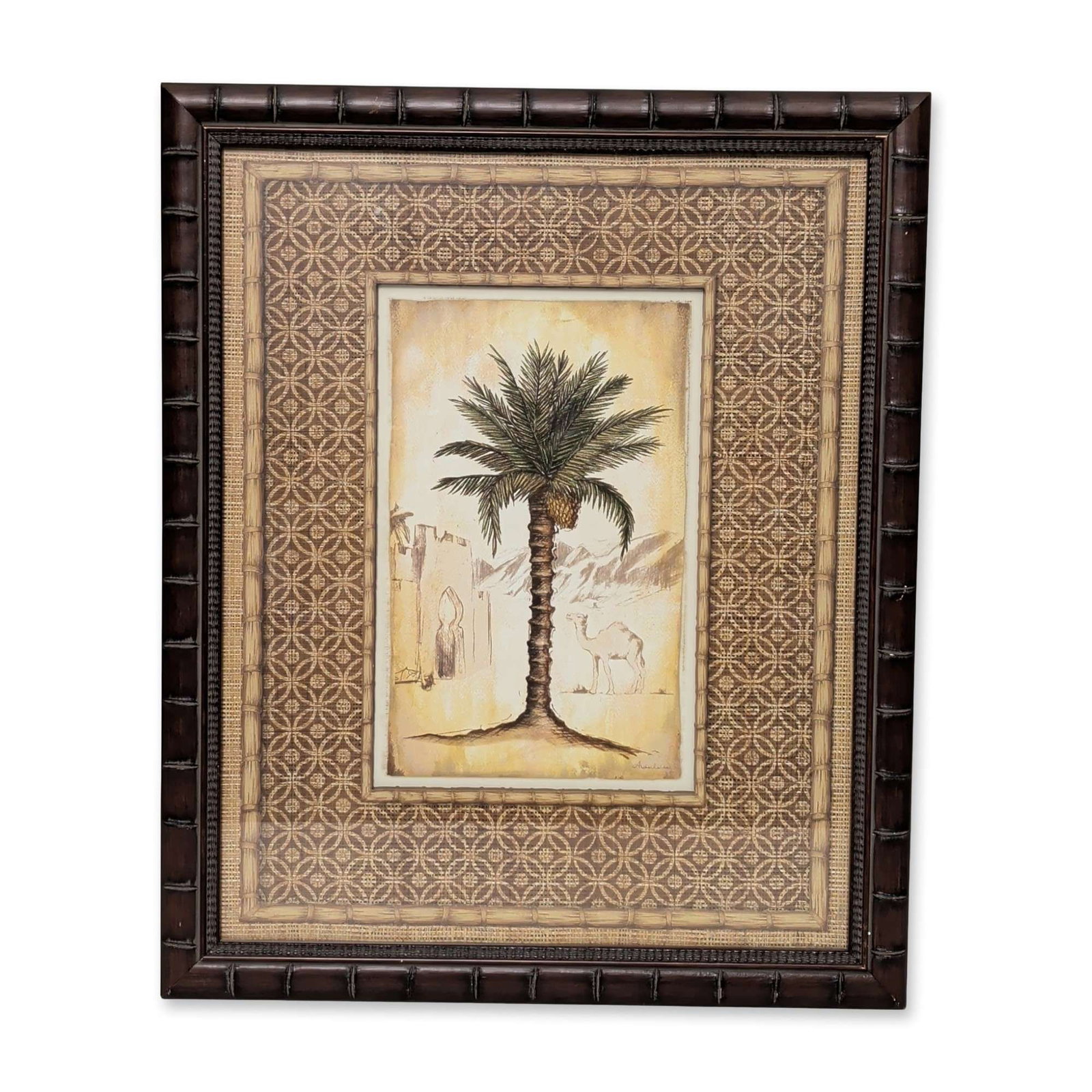 Framed Print on Paper, South Palm I: Framed decorative print on paper depicting a desert landscape. The central composition features a date palm tree laden with fruit, set against a background including a dromedary camel and the silhouet