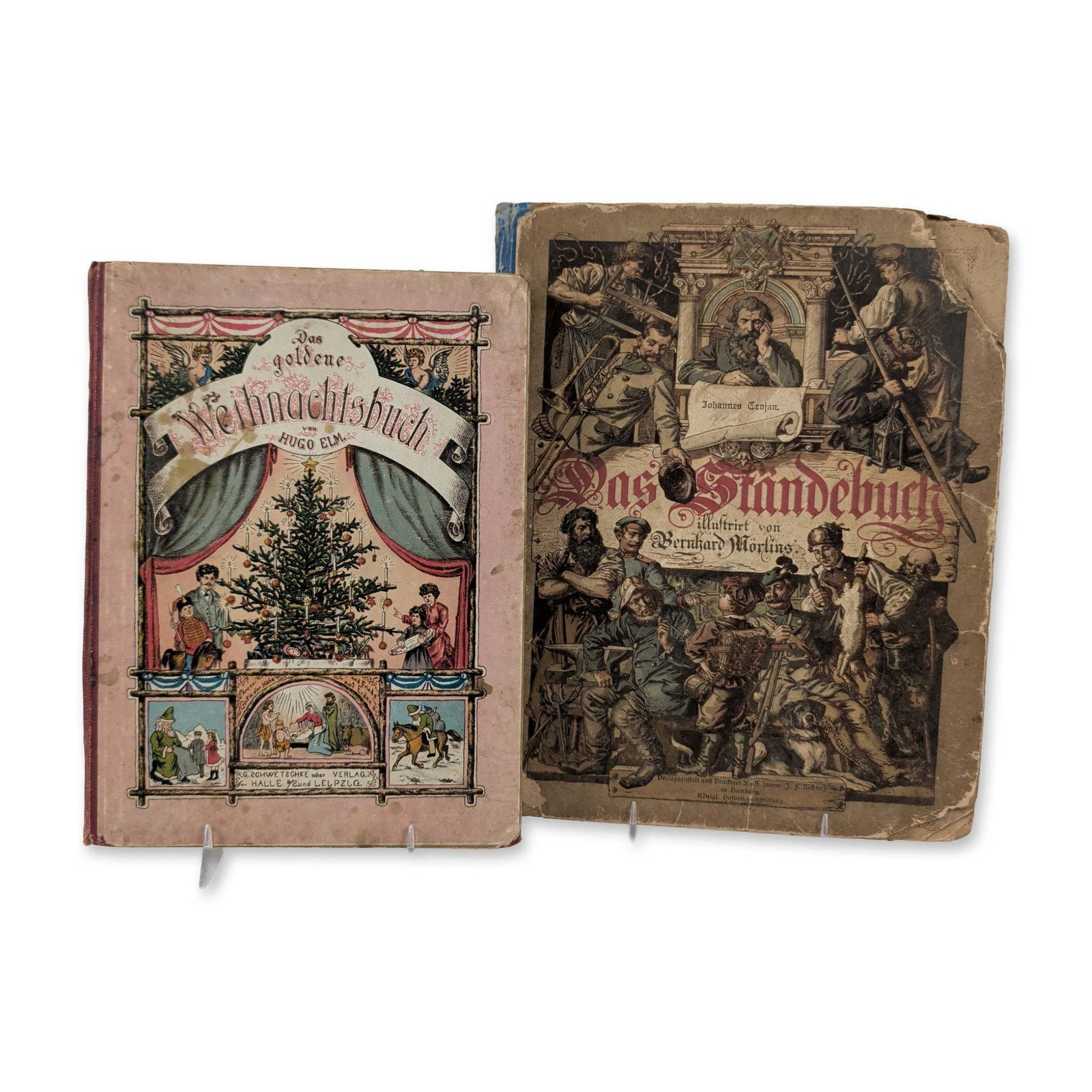 2 German Language Illustrated Books, Goldene Weihoarhesbuch and Das Standebuch: Das Standebuch features text by Johannes Trojan and illustrations by Bernhard Worlins, with color-lithographed paper boards showing various craftsmen. Das goldene Weihnachtsbuch by Hugo Elm, published