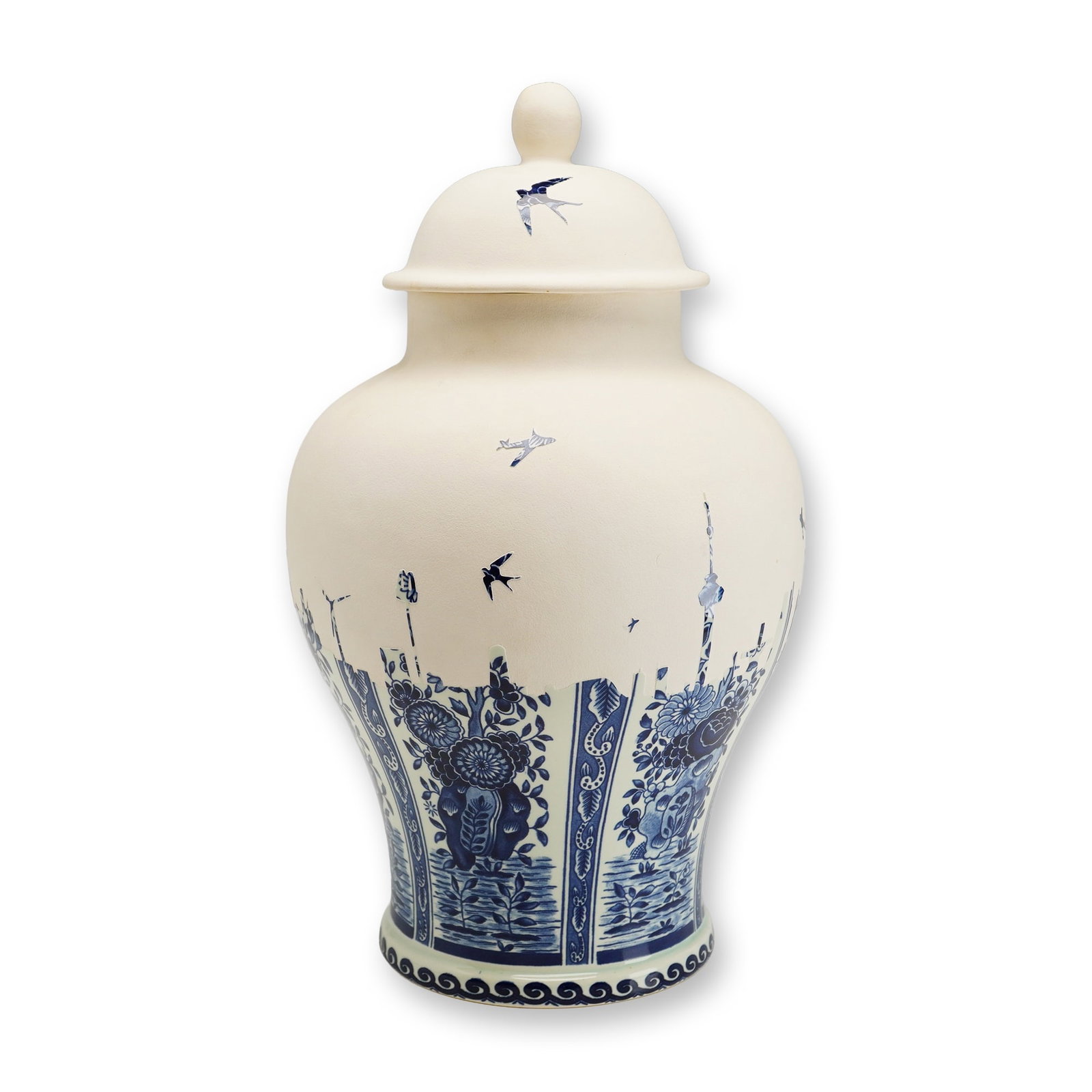 Boch Belgium Delfts Lidded Ginger Jar with Contemporary Skyline Design (1 of 5)