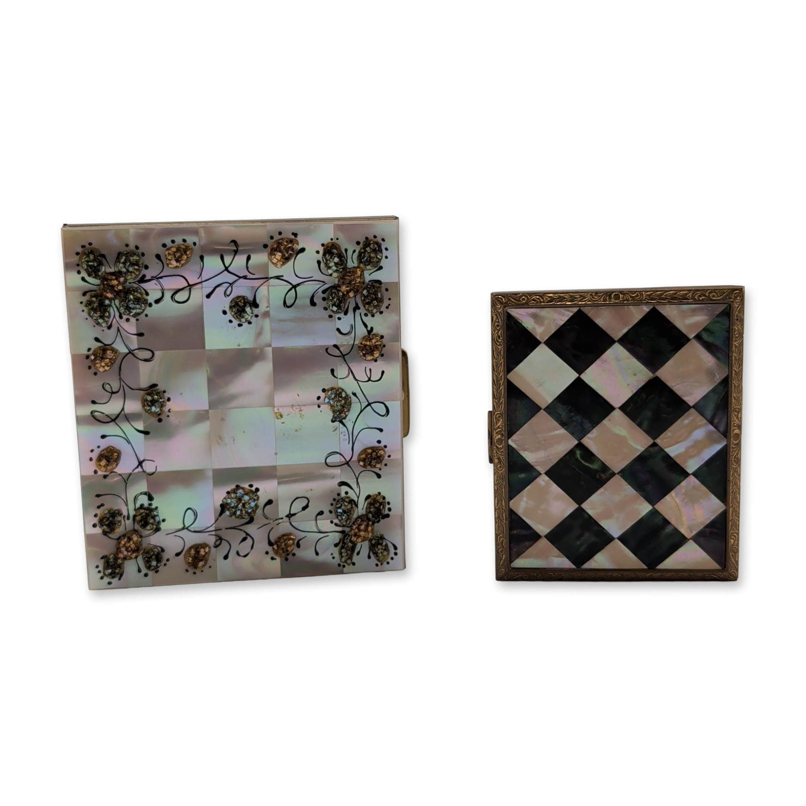 2pc Mid-Century Mother-of-Pearl and Brass-Toned Vanity Compacts (1 of 4)