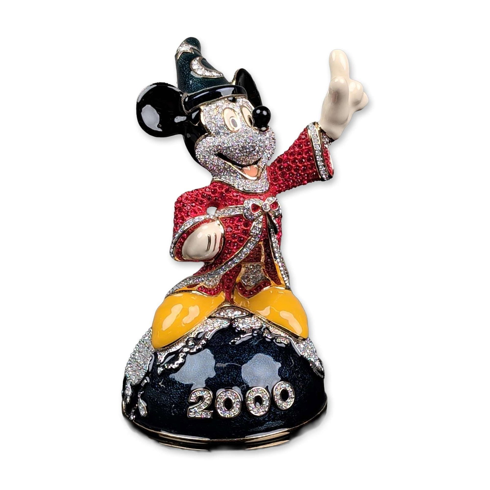 2pc Arribas Brothers Swarovski Millennium 2000 Mickey Mouse Sorcerer Fantasia Figurine with Title: Arribas Brothers for Disney limited edition Millennium 2000 jeweled figurine in enameled metal and Swarovski crystal. The piece features Sorcerer Mickey Mouse atop a black enameled globe with
