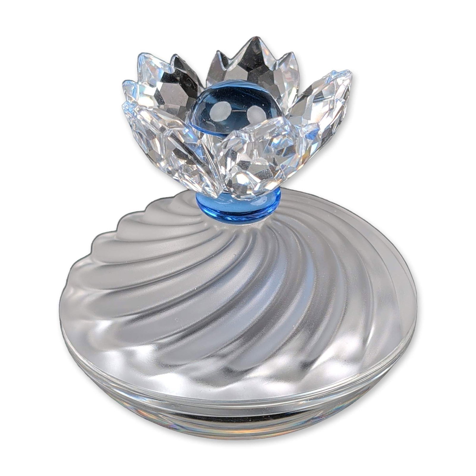 Swarovski Blue Flower Jewel Box: Swarovski. Blue Flower Jewel Box, model number 207886, with a clear glass base and frosted glass lid featuring a radial spiral fluted pattern. The lid is surmounted by a faceted lead crystal flower