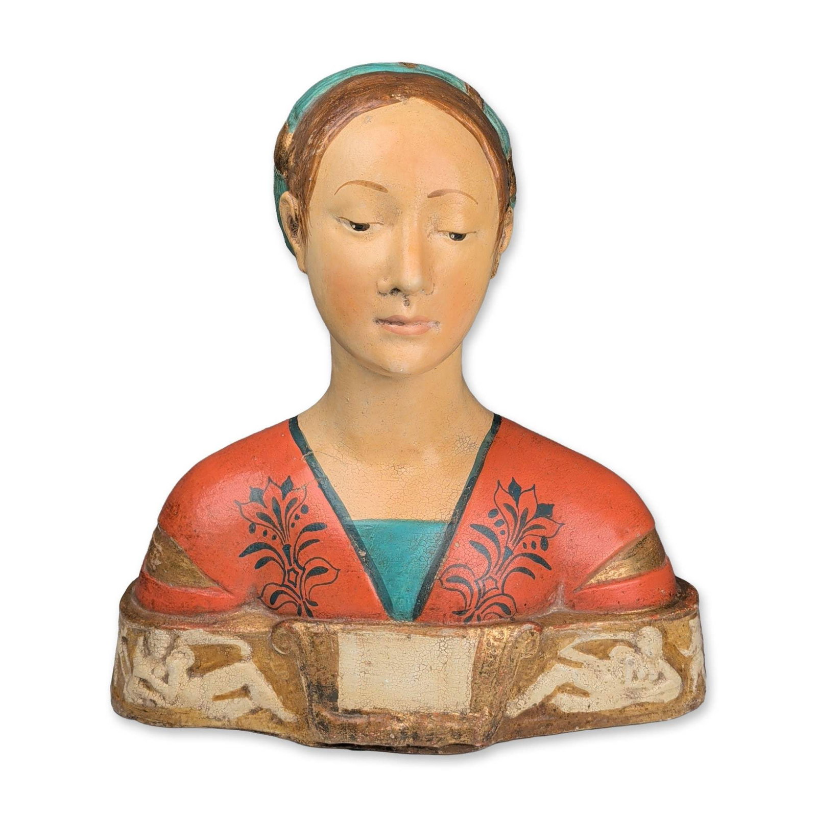 Italian Renaissance Style Polychrome Plaster Portrait Bust: Italian Renaissance revival style portrait bust of a woman, historically identified as Ippolita Maria Sforza. Executed in polychrome plaster, the serene figure is modeled with a downward gaze and her 