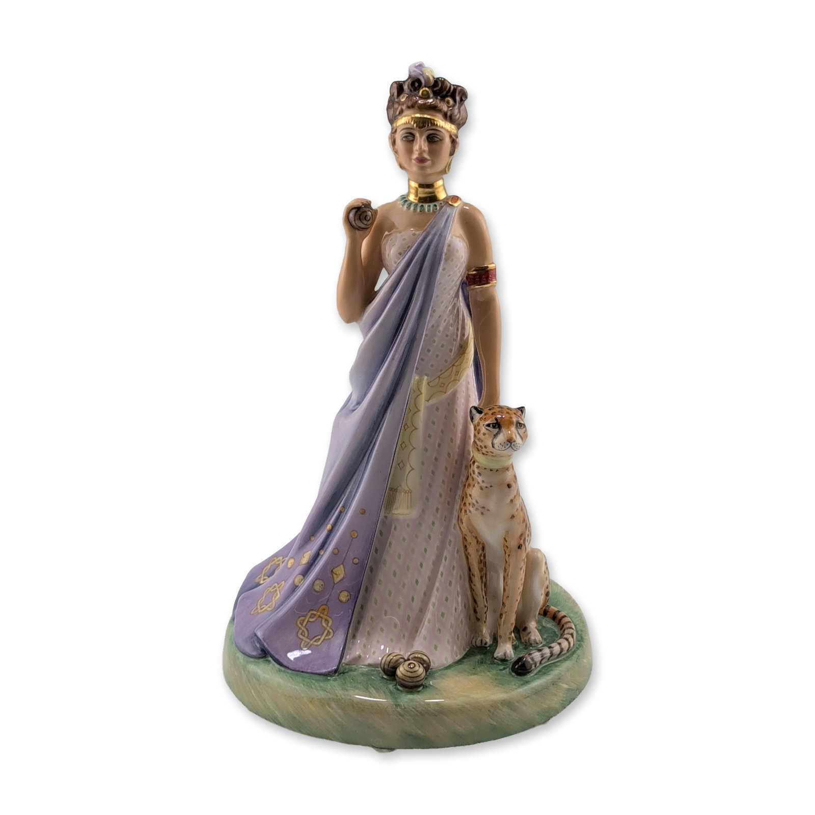 Royal Doulton LE Peggy Davies Bone China Figurine, Queen of Sheba HN2328: Royal Doulton fine bone china figurine titled Queen of Sheba, HN 2328, from the Les Femmes Fatales series. The figure is depicted in classical-style attire with a patterned lavender-colored sash drape