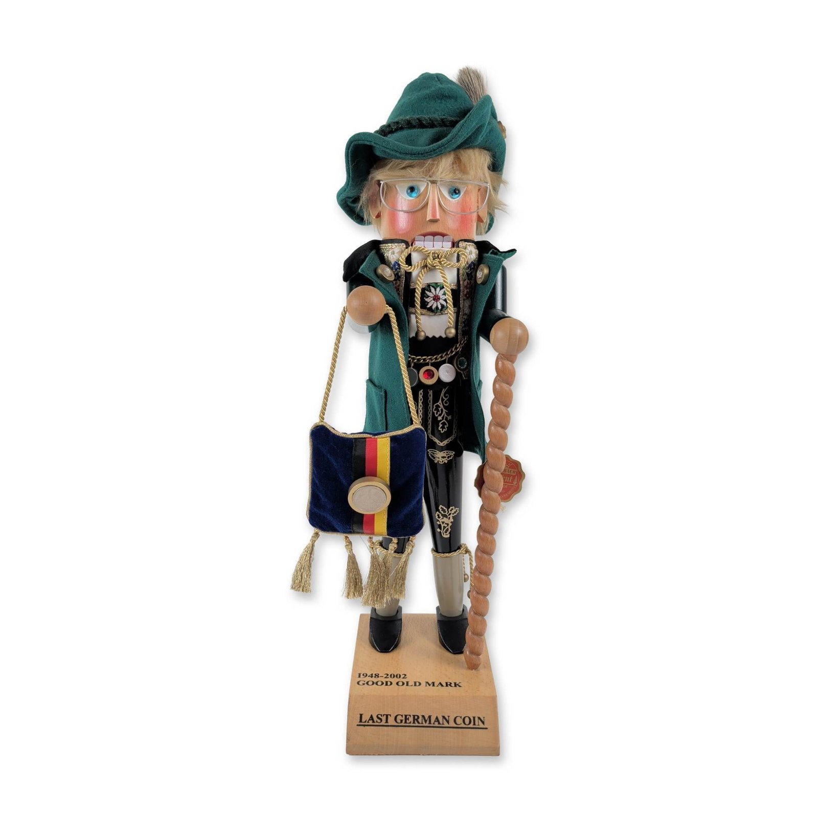 Steinbach Last German Mark Nutcracker: Steinbach of Germany commemorative wooden nutcracker, titled Last German Coin - Good Old Mark, celebrating the history of the Deutsche Mark from 1948 to 2002. The hand-painted figure is modeled in tra