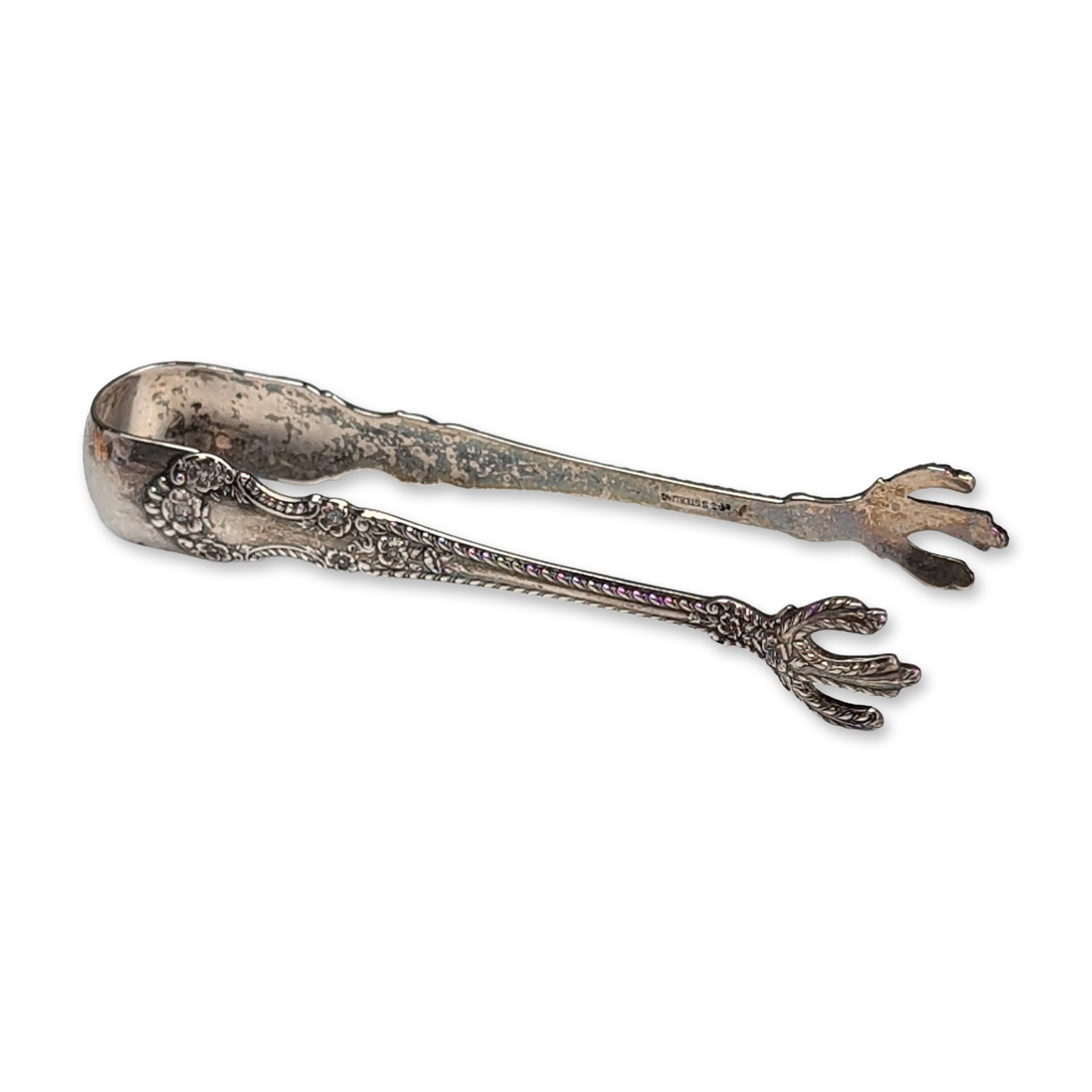 Gorham Sterling Silver Claw Sugar Tongs: Gorham Manufacturing Company sterling silver sugar tongs featuring heavy repousse floral and foliate scrollwork handles terminating in three-toed bird claw nips. Stamped STERLING with the Gorham trade