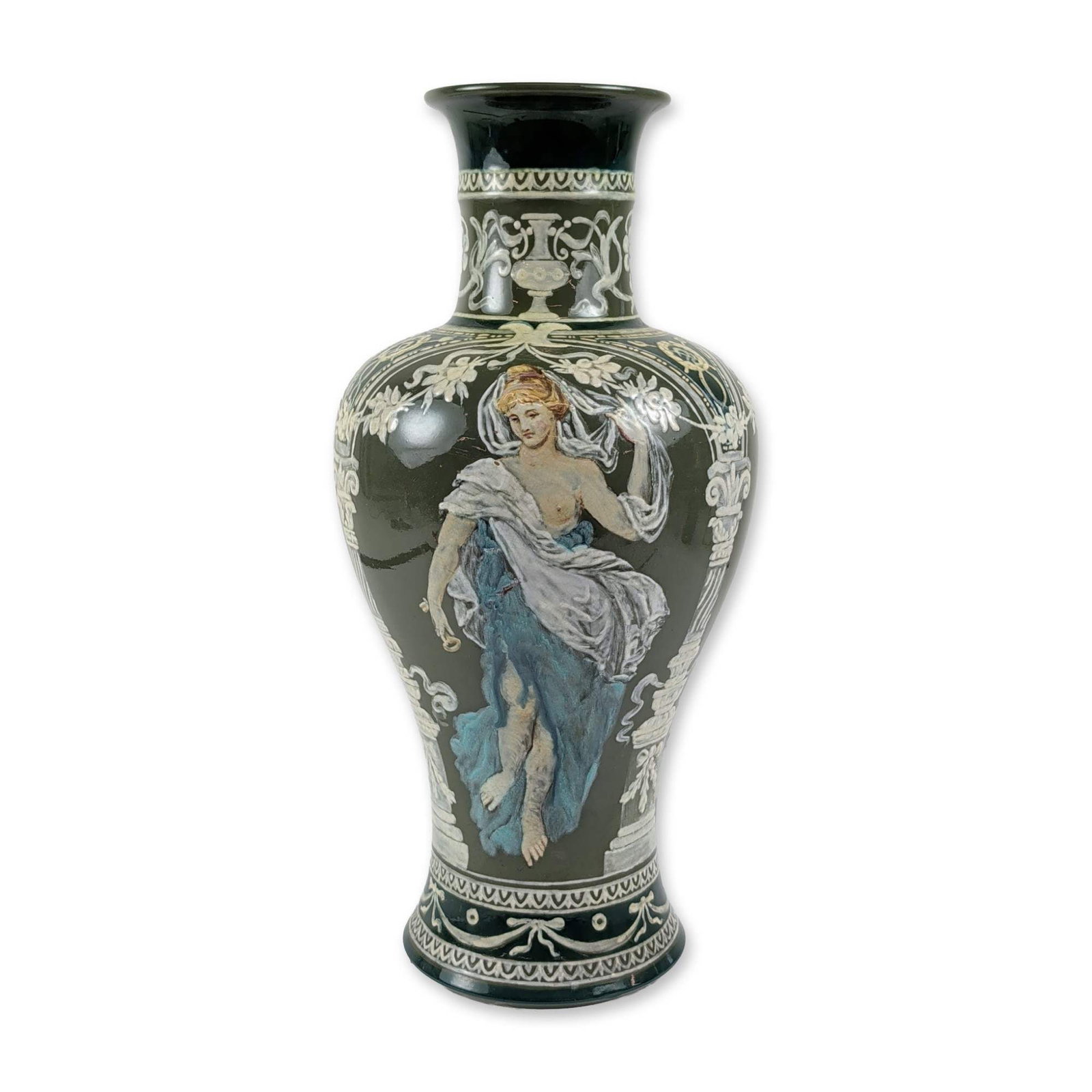 Doulton Lambeth Pate-sur-Pate Stoneware Vase: Doulton Lambeth stoneware baluster-form vase with a flared neck and spreading circular foot, finished in a high-gloss dark green glaze. The body is decorated with three classical female figures in dyn