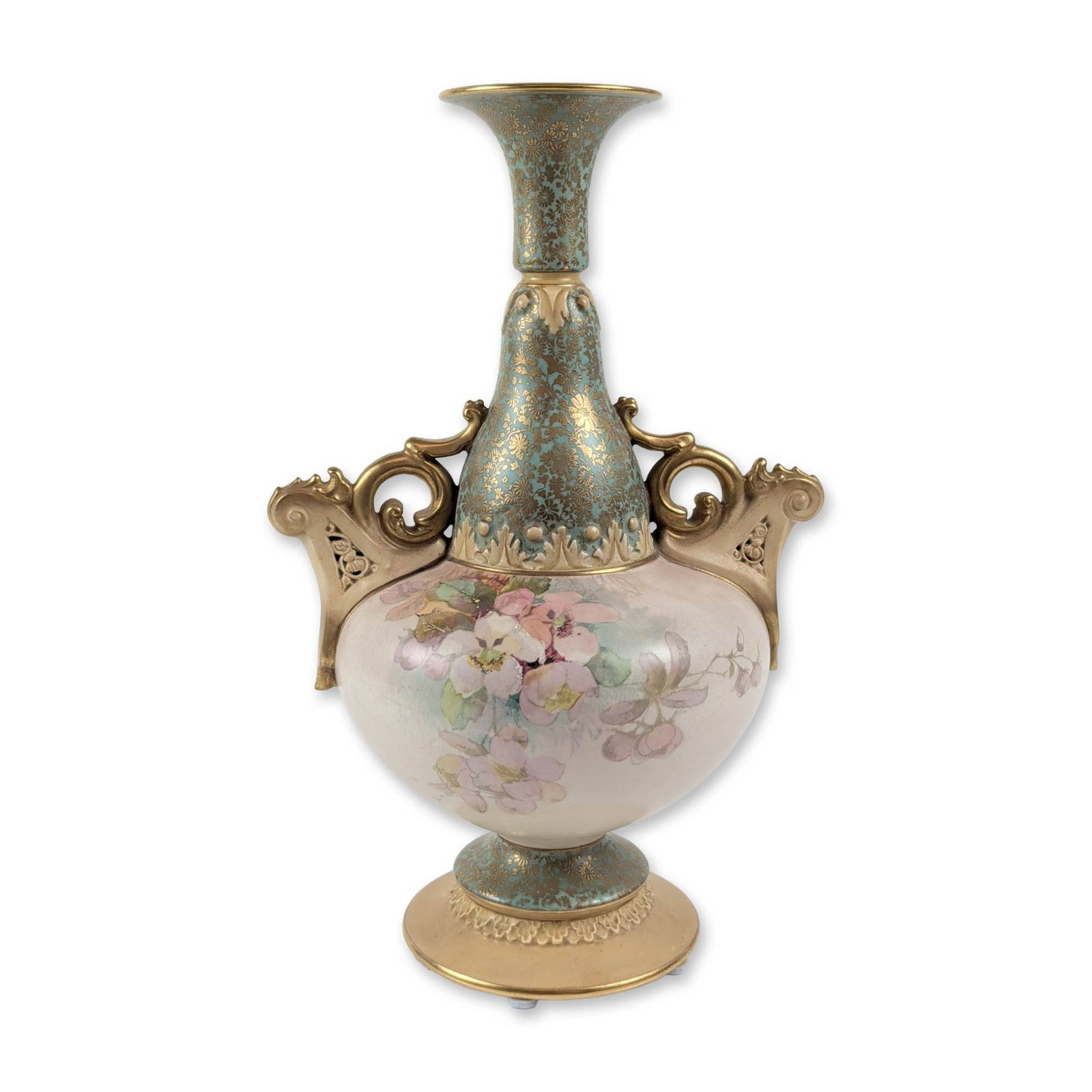 Doulton Slaters Patent Porcelain Vase: Porcelain pedestal vase featuring the Slaters Patent lace-textured technique. The bulbous cream-colored body is decorated with hand-painted floral sprays and foliage. The flared trumpet neck and pedes