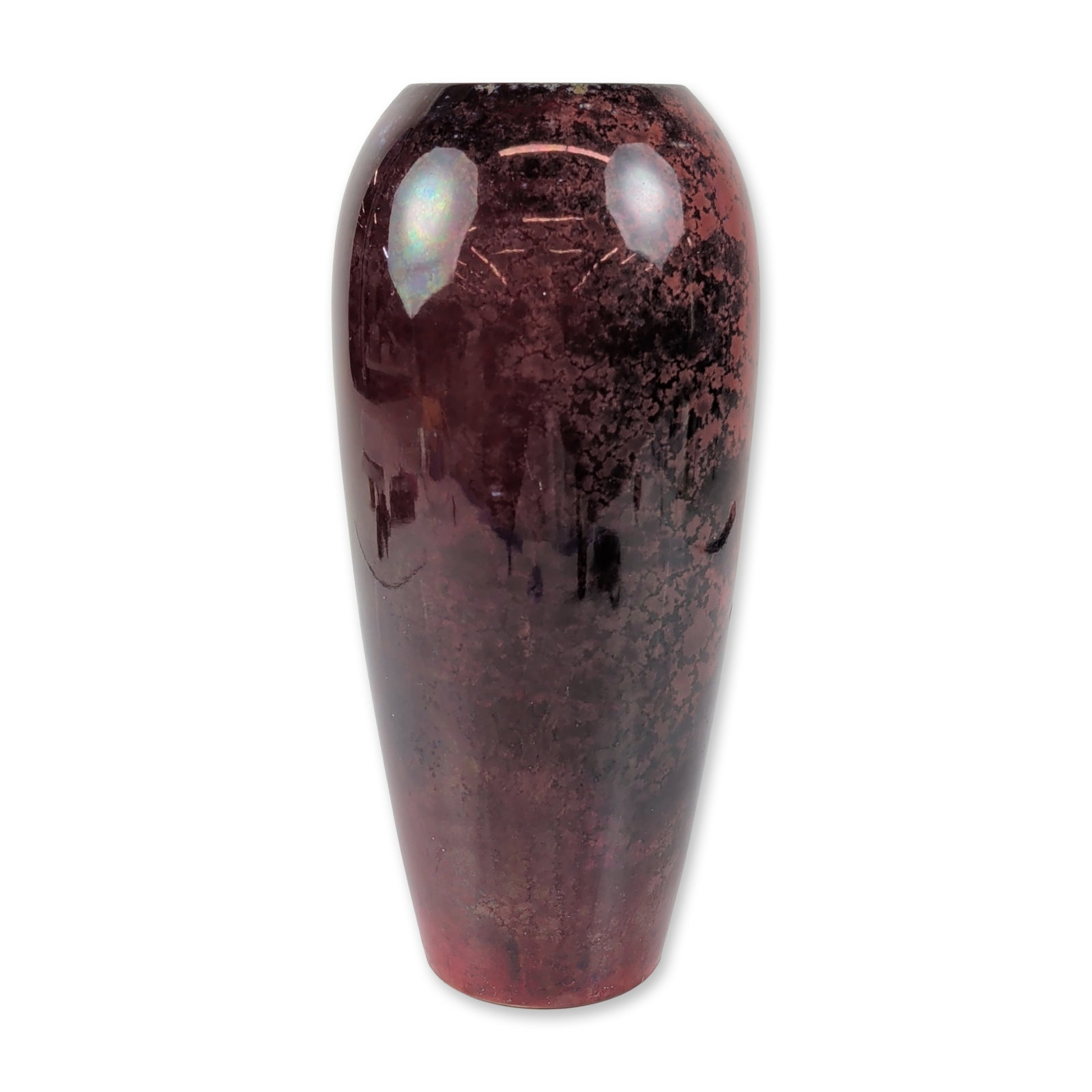 Moorcroft Falling Leaves Flambe Pottery Vase: Hand-thrown in Staffordshire, England, this tall, tapered earthenware vase showcases a striking, mid-century high-fired Red Flambe finish representing the Falling Leaves pattern. Produced circa 1940s 