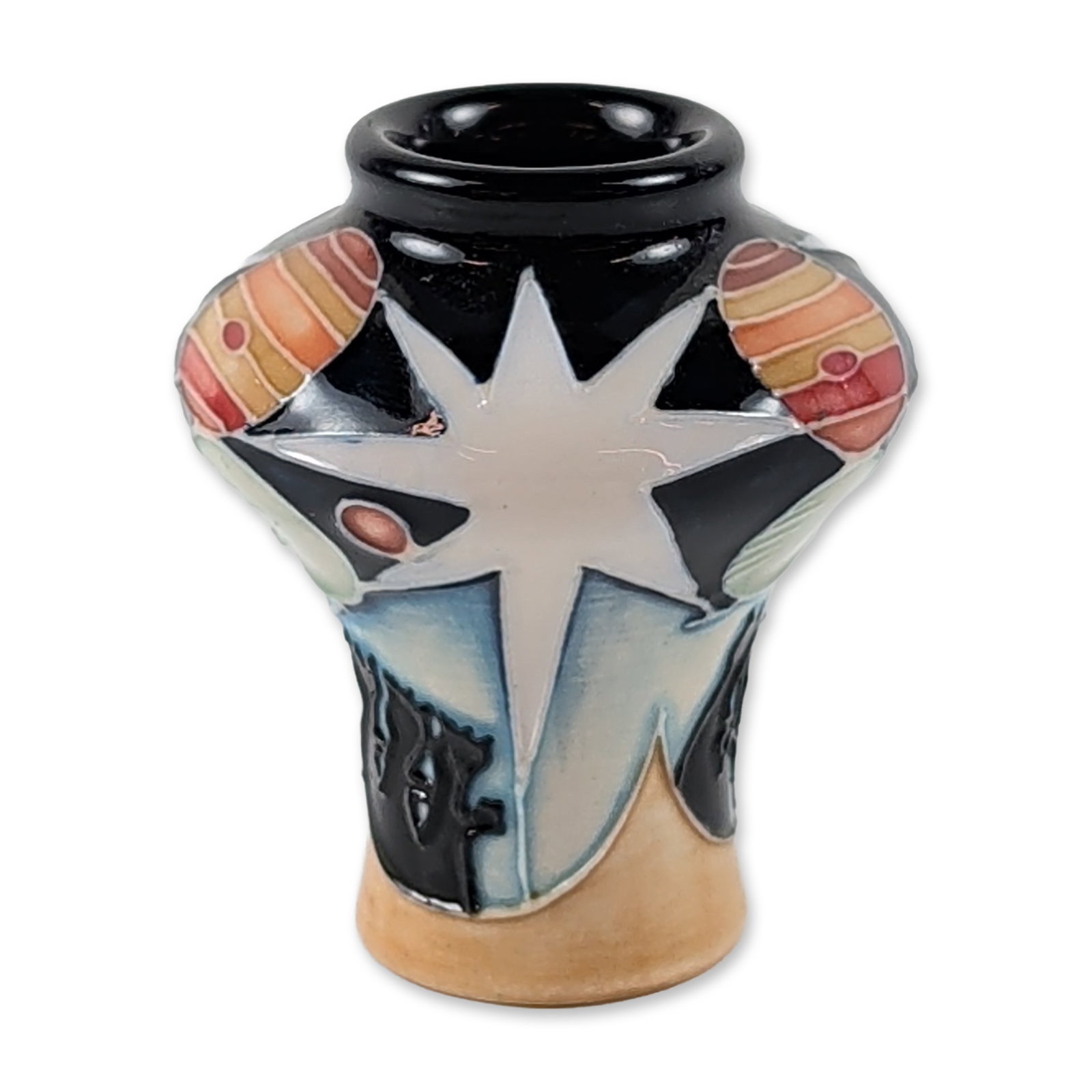 Moorcroft 1991 Miniature Celestial Pottery Vase: Moorcroft miniature earthenware vase featuring a tubelined celestial motif with planets, stars, and a moon against a dark sky ground. The bulbous body transitions to a flared, buff-colored base. The u