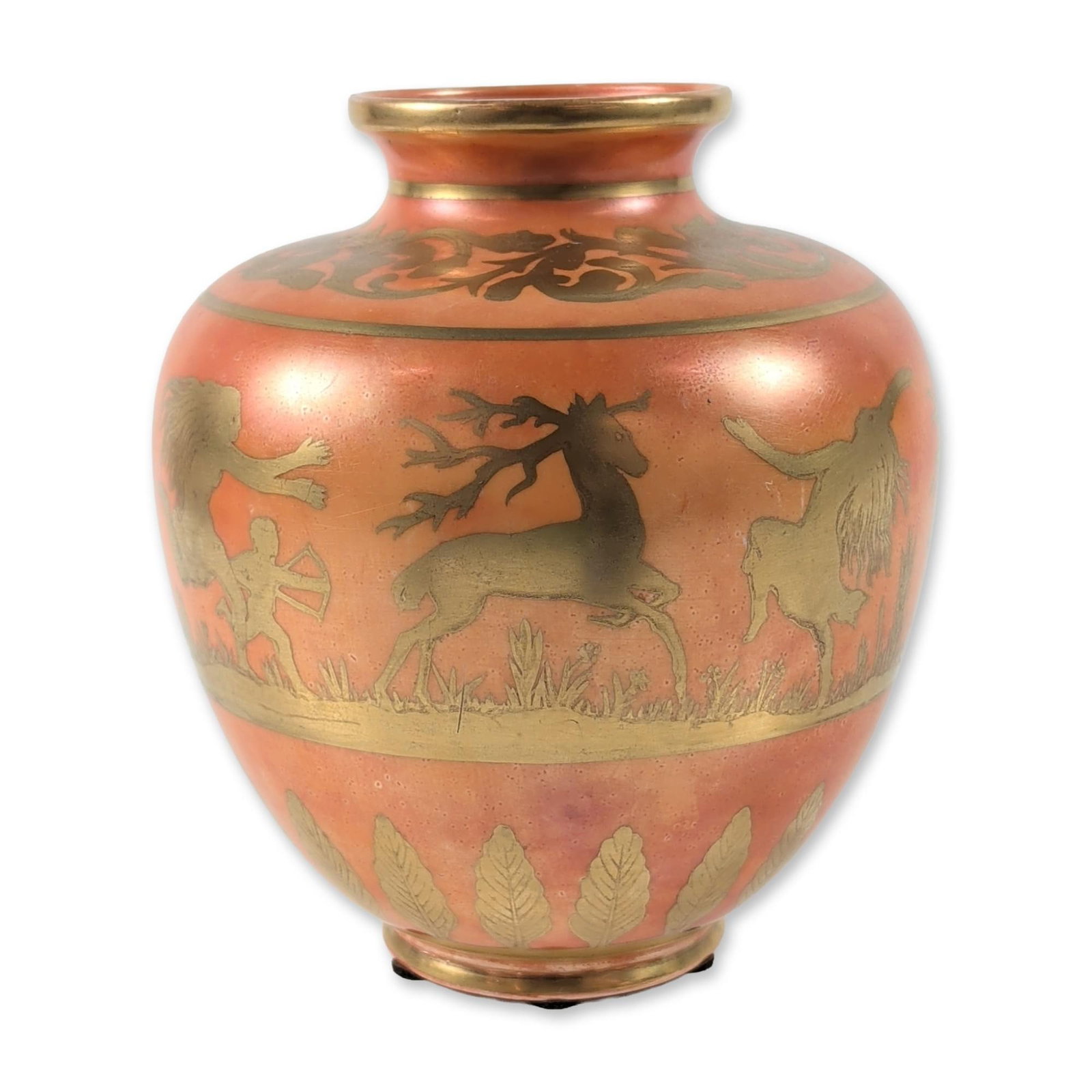 Royal Doulton Art Deco Gilded Lusterware Porcelain Vase: Royal Doulton Art Deco style porcelain vase featuring a metallic copper-orange luster glaze. The body is decorated with a wide central frieze of acid-etched and gilded figures depicting Diana the Hunt