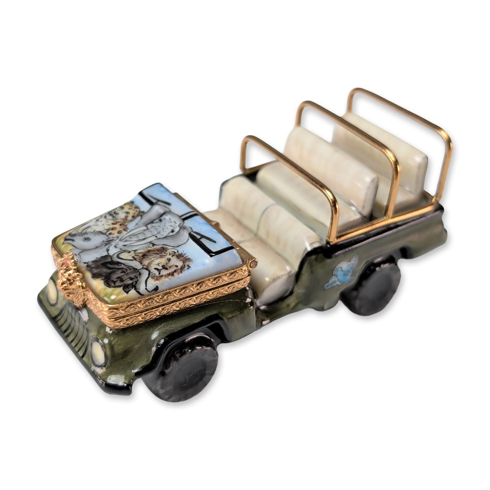 Limoges Hand Painted Porcelain Safari Vehicle Trinket Box: Limoges, France, hand-painted porcelain trinket box modeled as an open-top safari vehicle with mottled olive-green camouflage patterning. The hood features a detailed scene of the African Big Five ani