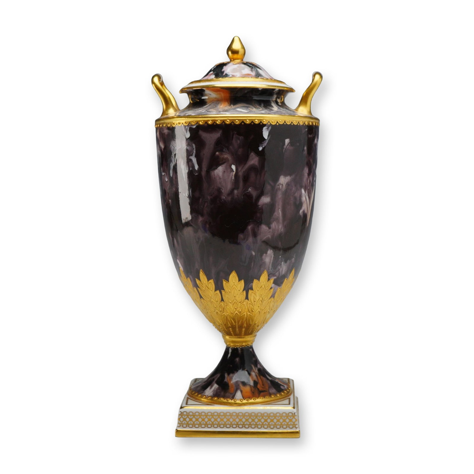 Wedgwood Gilded Marbled Bone China Lidded Urn: This lidded urn is manufactured by Wedgwood in fine bone china, featuring a neoclassical form with a tapered ovoid body and two scroll-form handles. The exterior is decorated with a variegated marblei
