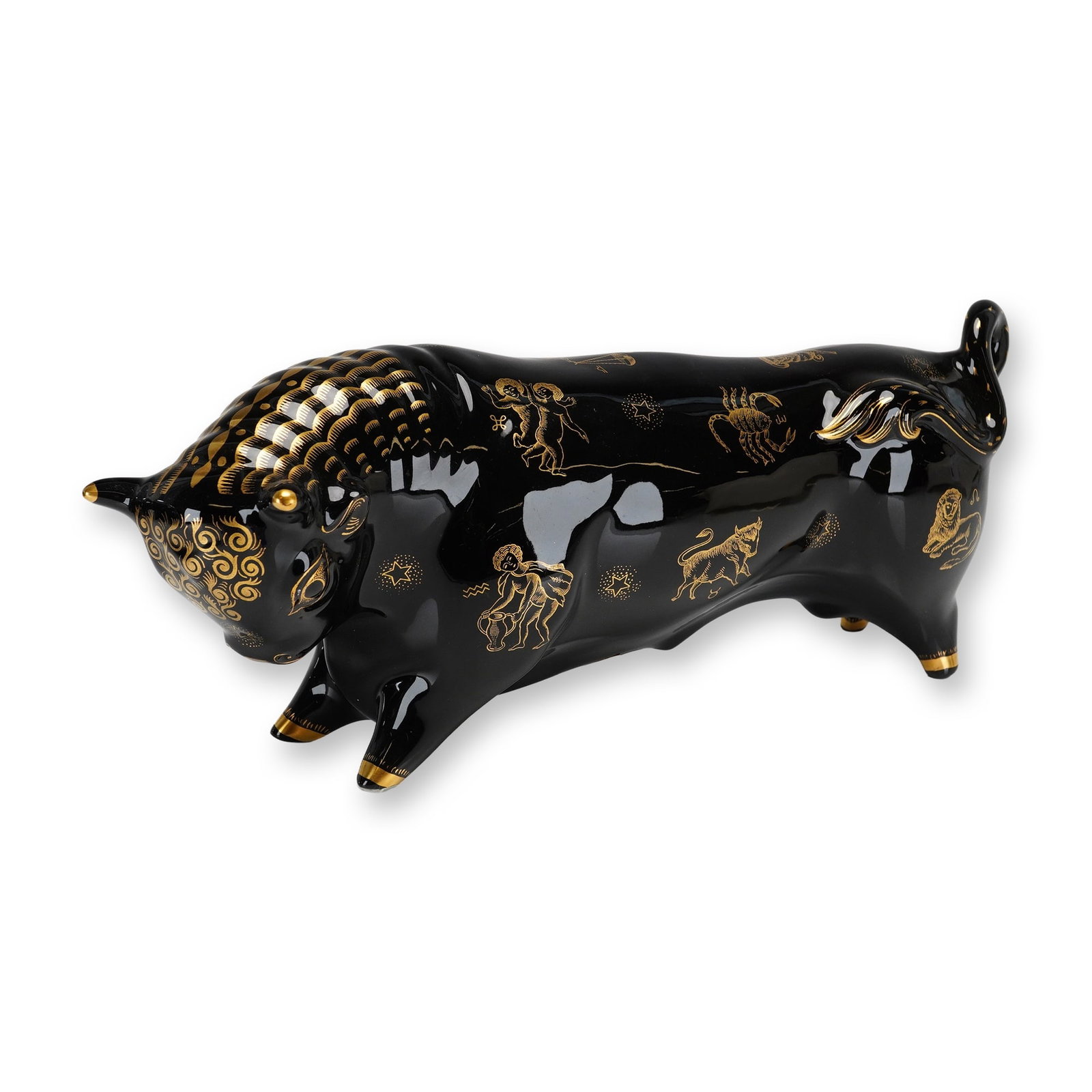Wedgwood by Arnold Machin Taurus the Bull Ceramic Figurine with Gilt Zodiac Motif: This is a Wedgwood ceramic figurine titled Taurus the Bull, designed by Arnold Machin. The piece is rendered in a high-gloss black glaze and features extensive gold luster transfer-printed decorations