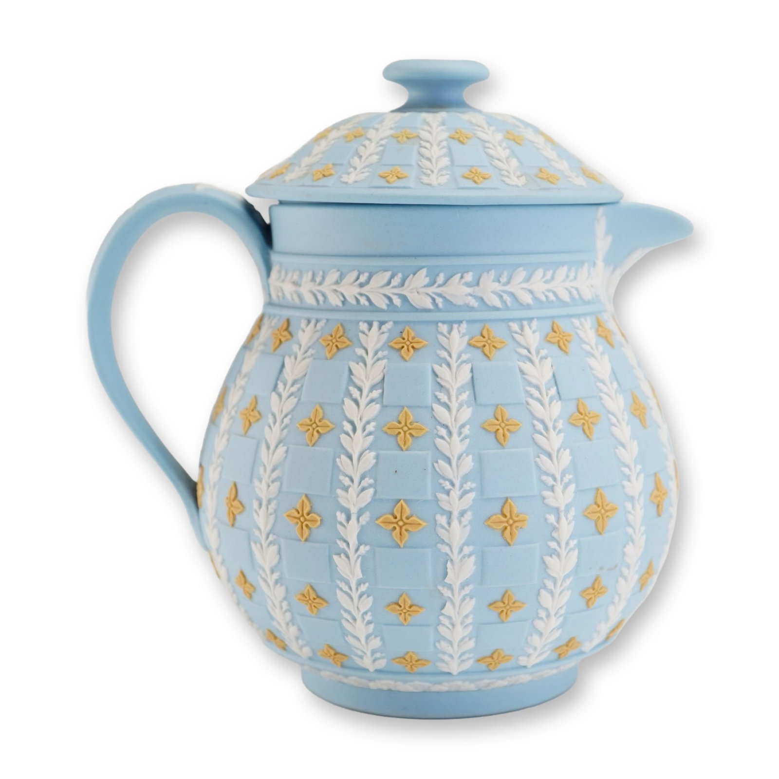 Wedgwood Tri-Color Diced Jasperware Miniature Lidded Teapot: A Wedgwood tri-color jasperware miniature lidded teapot featuring a diced pattern. The vessel is composed of a pale blue jasper ground with applied sprigged relief decoration in white and yellow. The 