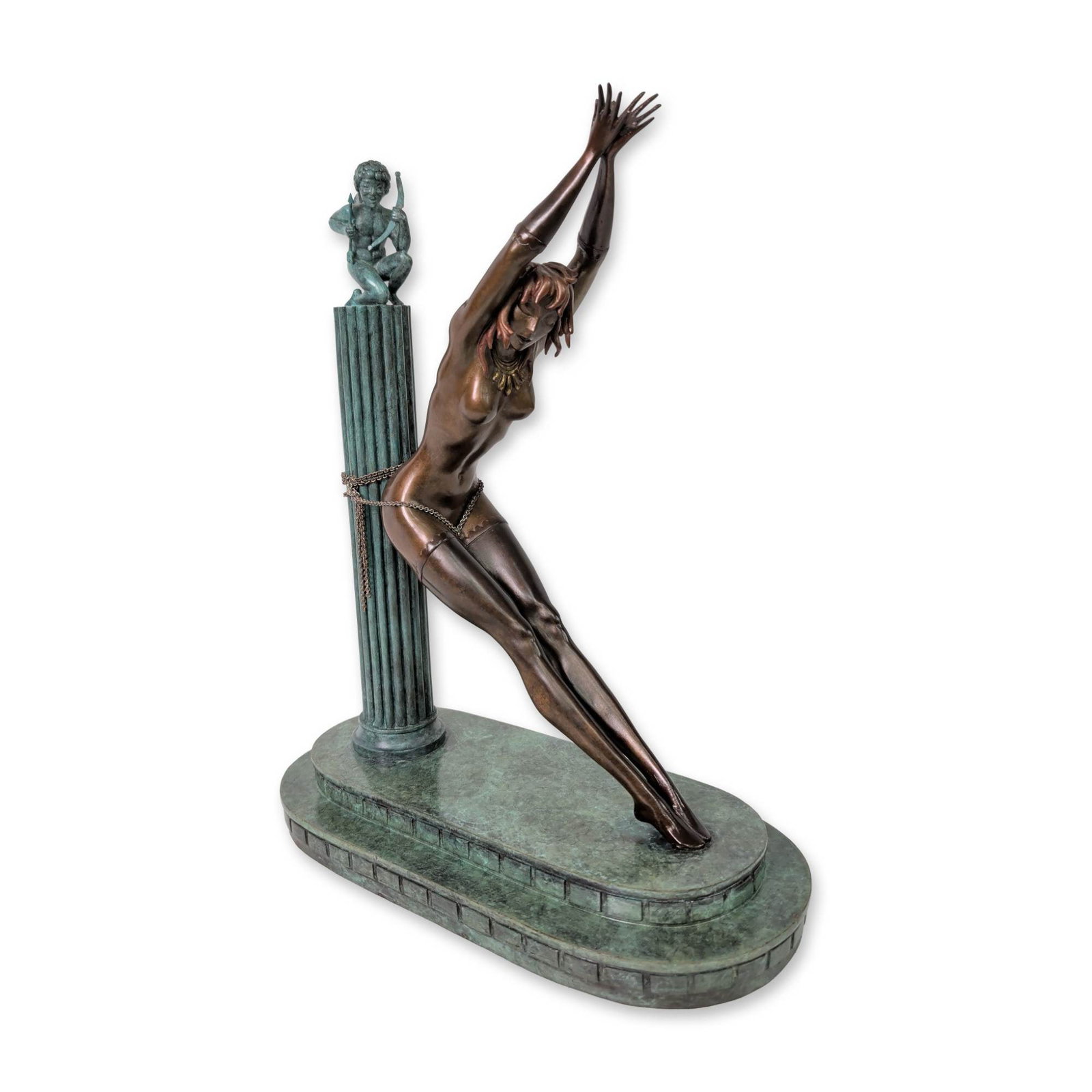 Erte (Russian/French, 1892-1990) Art Deco Bronze Sculpture, Prisoner of Love, Signed & Numbered: Erte (Romain de Tirtoff, 1892-1990) sculpture in bronze titled Prisoner of Love, featuring a stylized nude female figure in an arched pose, tethered by a thin metal chain to a fluted column surmounted