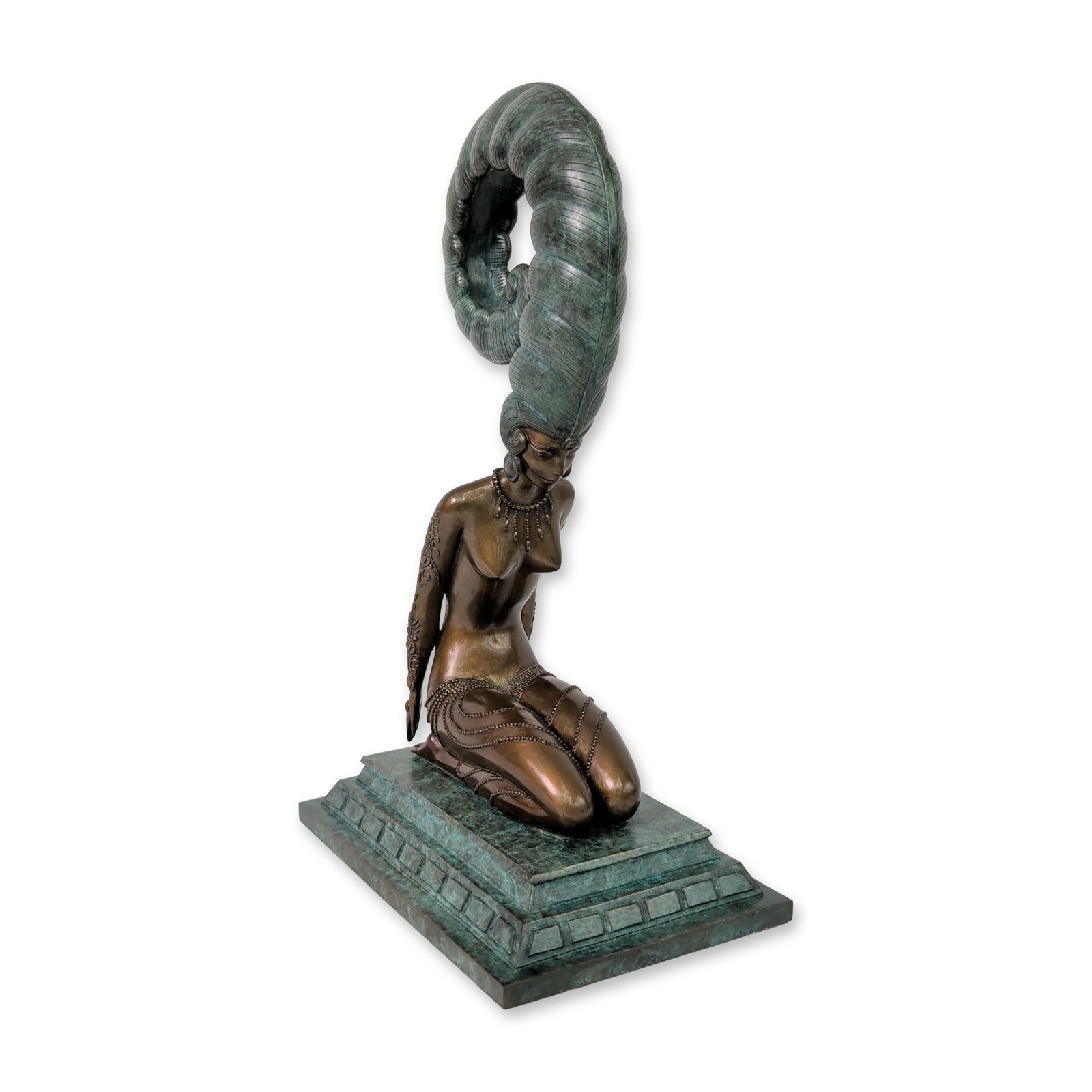 Erte (Russian/French, 1892-1990), Art Deco Bronze Sculpture, La Plume, Signed & Numbered: Erte (Romain de Tirtoff) polychrome sculpture in brown and verdigris patinated bronze, featuring a kneeling female figure with elongated limbs and an elaborate, looped coiffure. The figure is adorned 