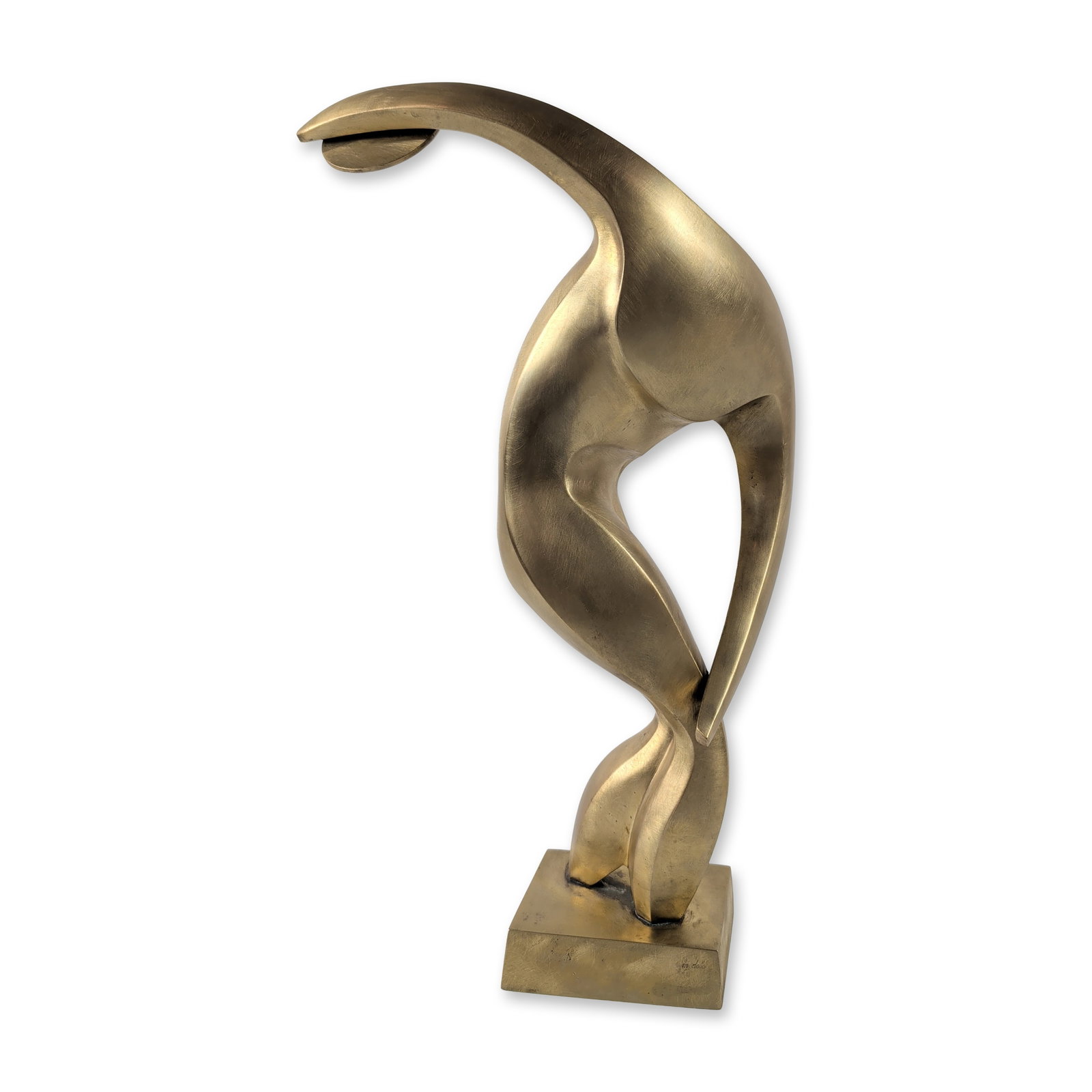 Maxime Delo Modernist Brass "Discobolus" Sculpture: Maxime Delo's modernist biomorphic "Discus Thrower" sculpture in brass showcases an arched, stylized human form with a circular void and a single disc-shaped terminal. It's finished with a brushed gol