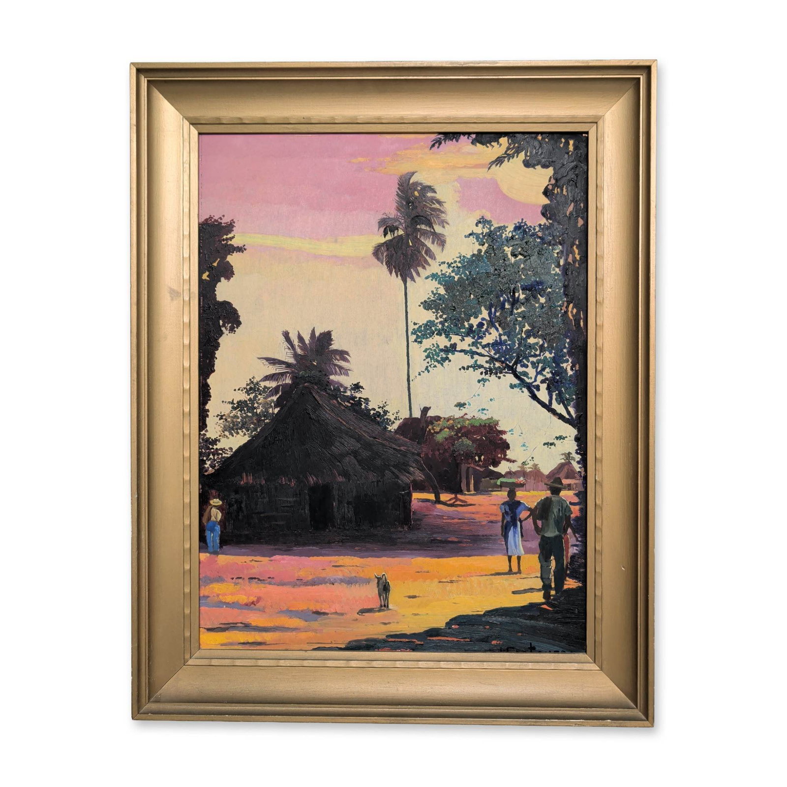 Jean-Claude Castera (Hatian, b. 1939), Tropical Landscape: Jean-Claude Castera (Hatian, b. 1939)). Tropical landscape scene with a thatched-roof dwelling and figures at sunset, oil on hardboard. The composition features heavy impasto brushwork and a vibrant