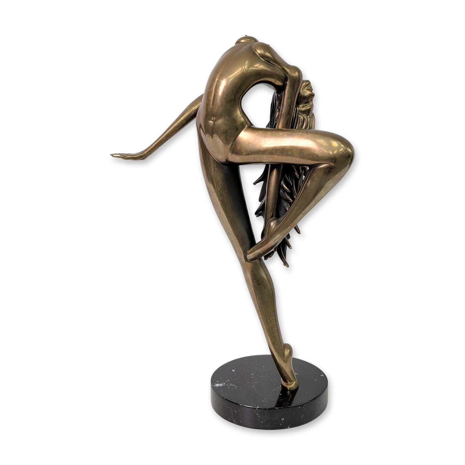 Tom Bennett (American, 1928-2012), Artist Proof Bronze Sculpture, Sun Dancer, Signed: Tom Bennett figurative sculpture in polished bronze, titled Sun Dancer Study, depicting a stylized nude female figure in a dynamic, arched pose. The work features a high-shine warm brown patina and a 