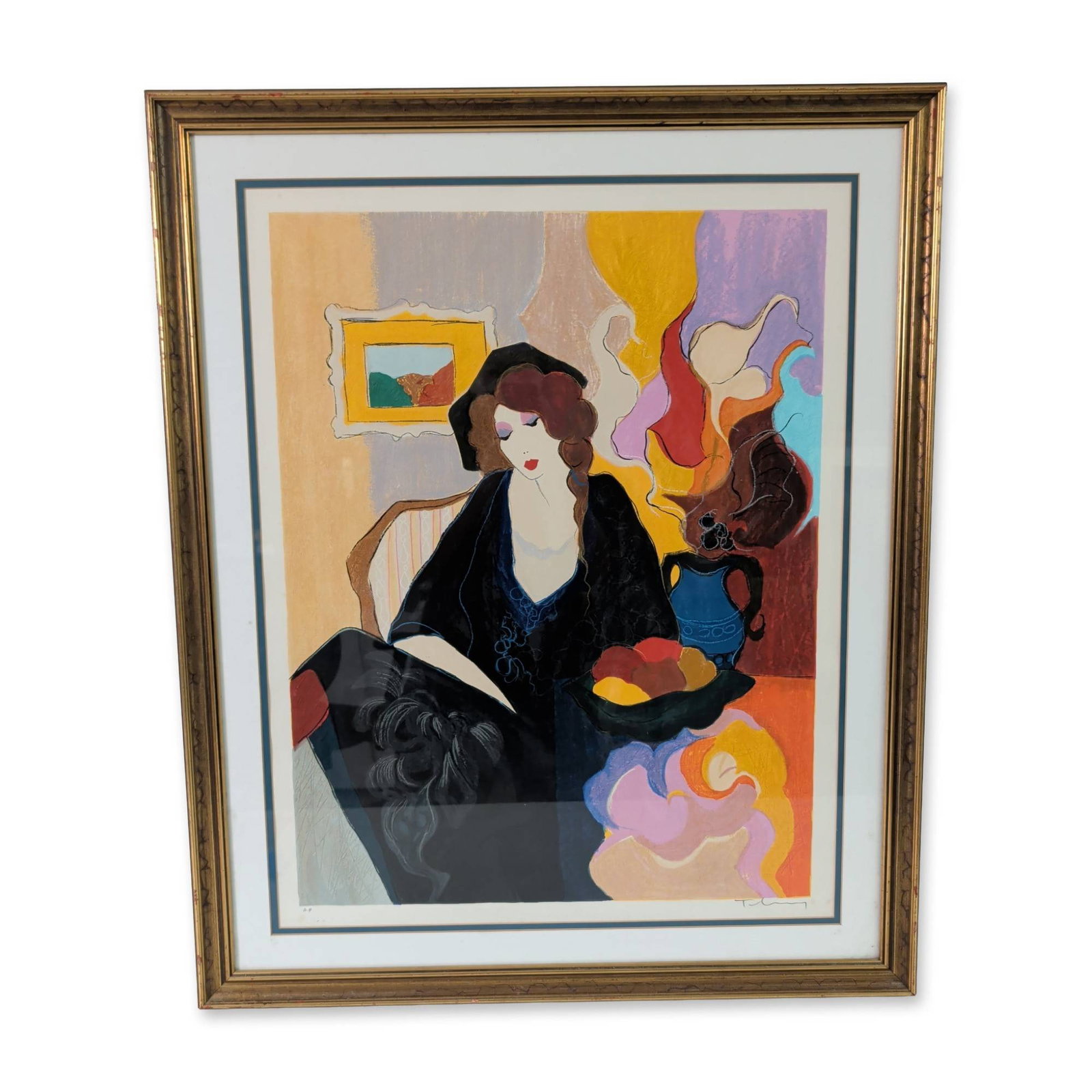 Itzchak Tarkay (Israeli, 1935-2012) Artist Proof Serigraph on Paper, Silent Thoughts, Signed &: Itzchak Tarkay (Israeli, 1935-2012) artist proof serigraph on paper titled Silent Thoughts II, depicting a seated woman in profile wearing a black gown set against a vibrant abstract background of flo