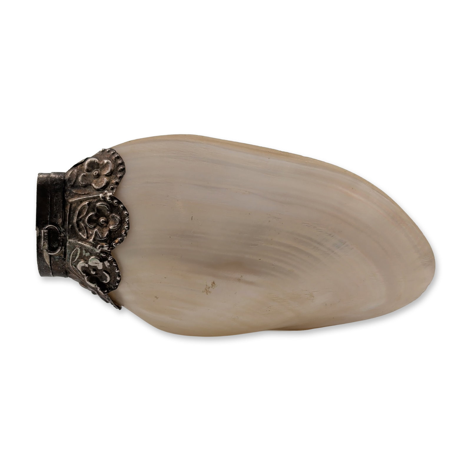 Victorian Style Mother-of-Pearl Scent Bottle: Victorian style scent bottle, late 19th to early 20th century, featuring a carved and polished mother-of-pearl shell body in a tapering form. The vessel is mounted with silver-toned metal decorative