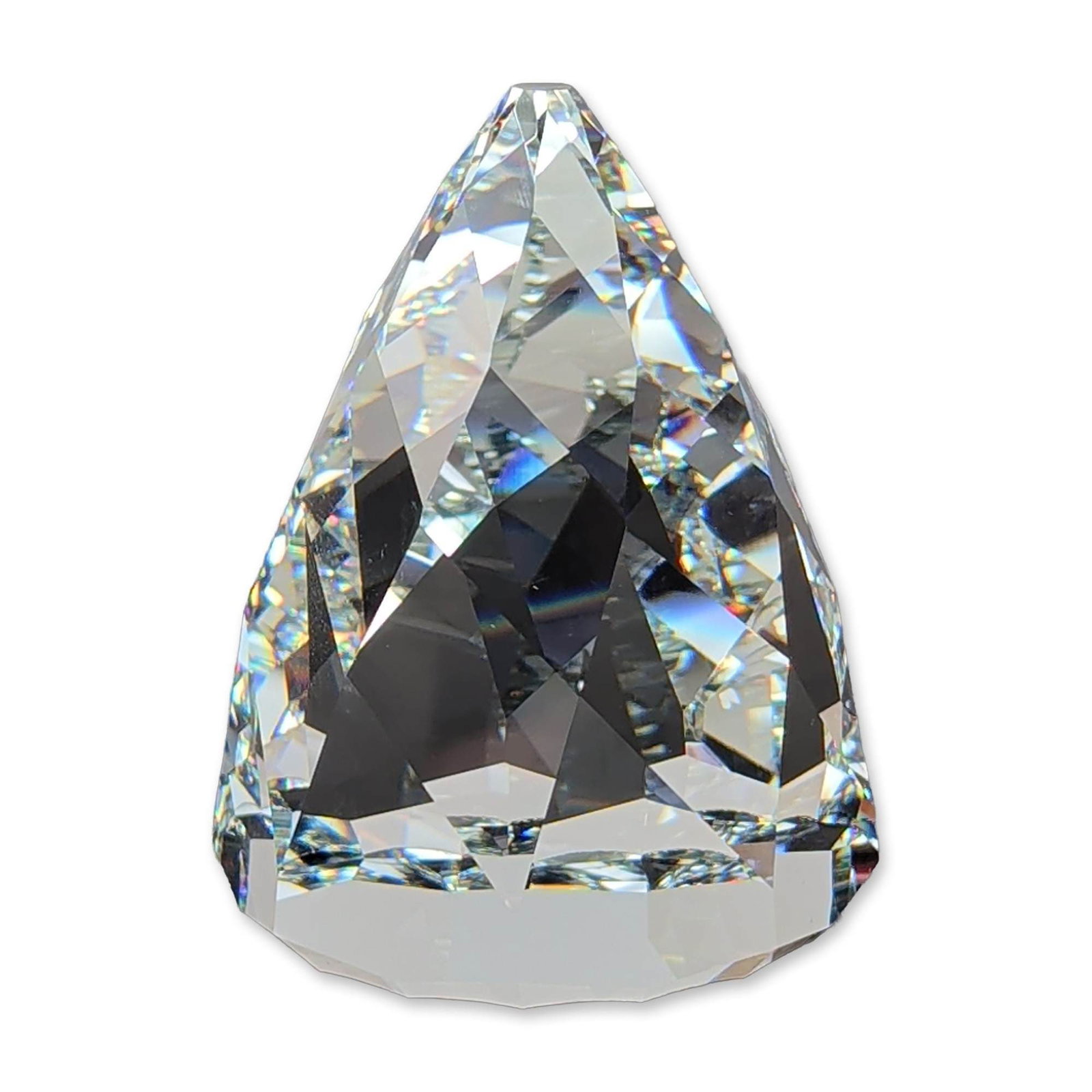 Swarovski Silver Cone Rio Crystal Cal Paperweight: This vintage Swarovski Silver Crystal paperweight is styled in the geometric "Cone" or "Rio" design, historically crafted by designer Max Schreck to resemble Sugarloaf Mountain in Rio de Janeiro. The 