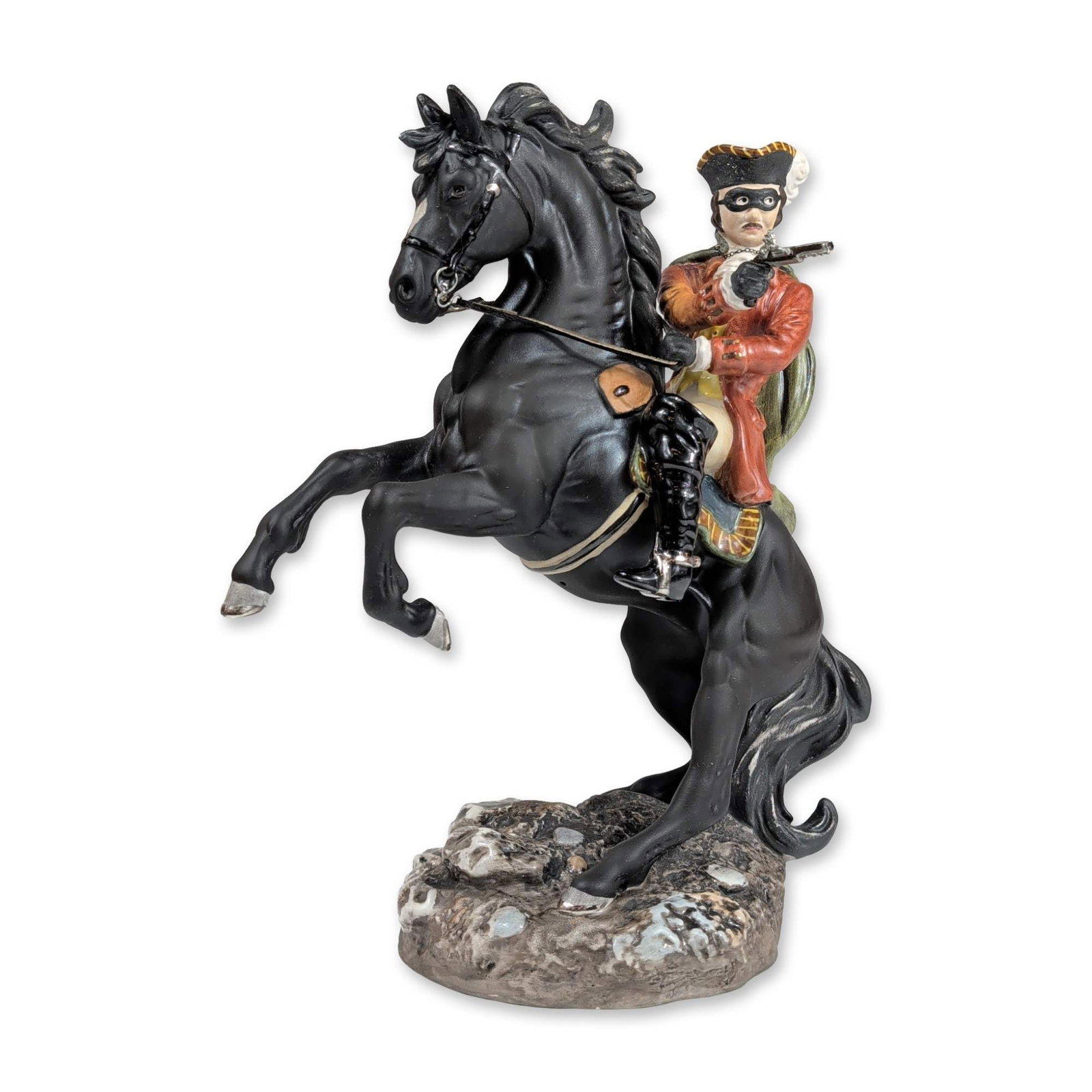 Royal Doulton Dick Turpin Porcelain Figurine HN3272: Royal Doulton (English). Hand-painted porcelain figurine titled Dick Turpin, model number HN3272. The piece depicts the 18th-century English highwayman masked and mounted on a rearing black horse, ide