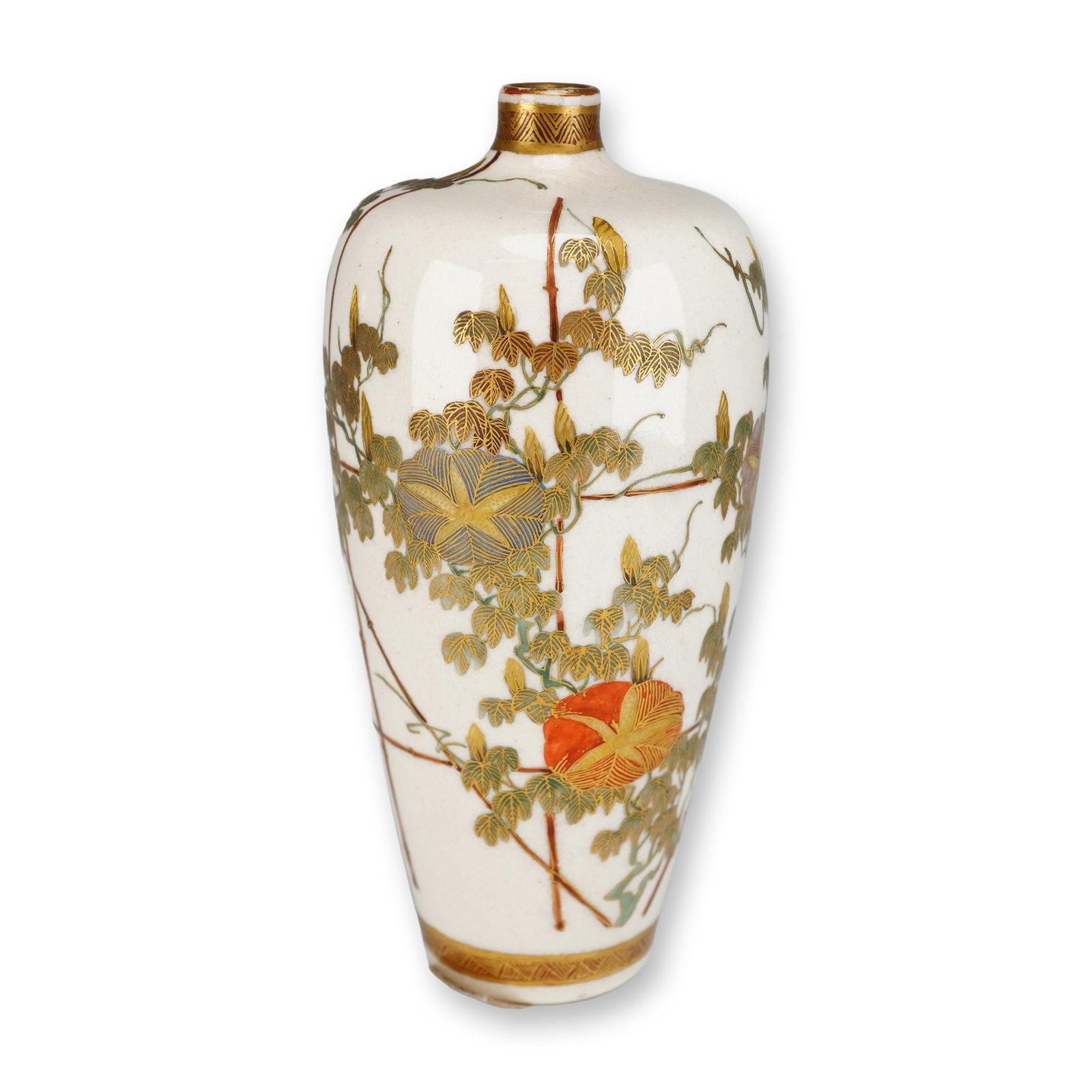 Small Japanese Satsuma Earthenware Vase by Kinkozan Kyoto Meiji Period: A small Japanese Satsuma earthenware vase produced by the Kinkozan workshop in Kyoto during the Meiji period (1868-1912). The vase features a slender, high-shouldered ovoid form with a narrow neck and