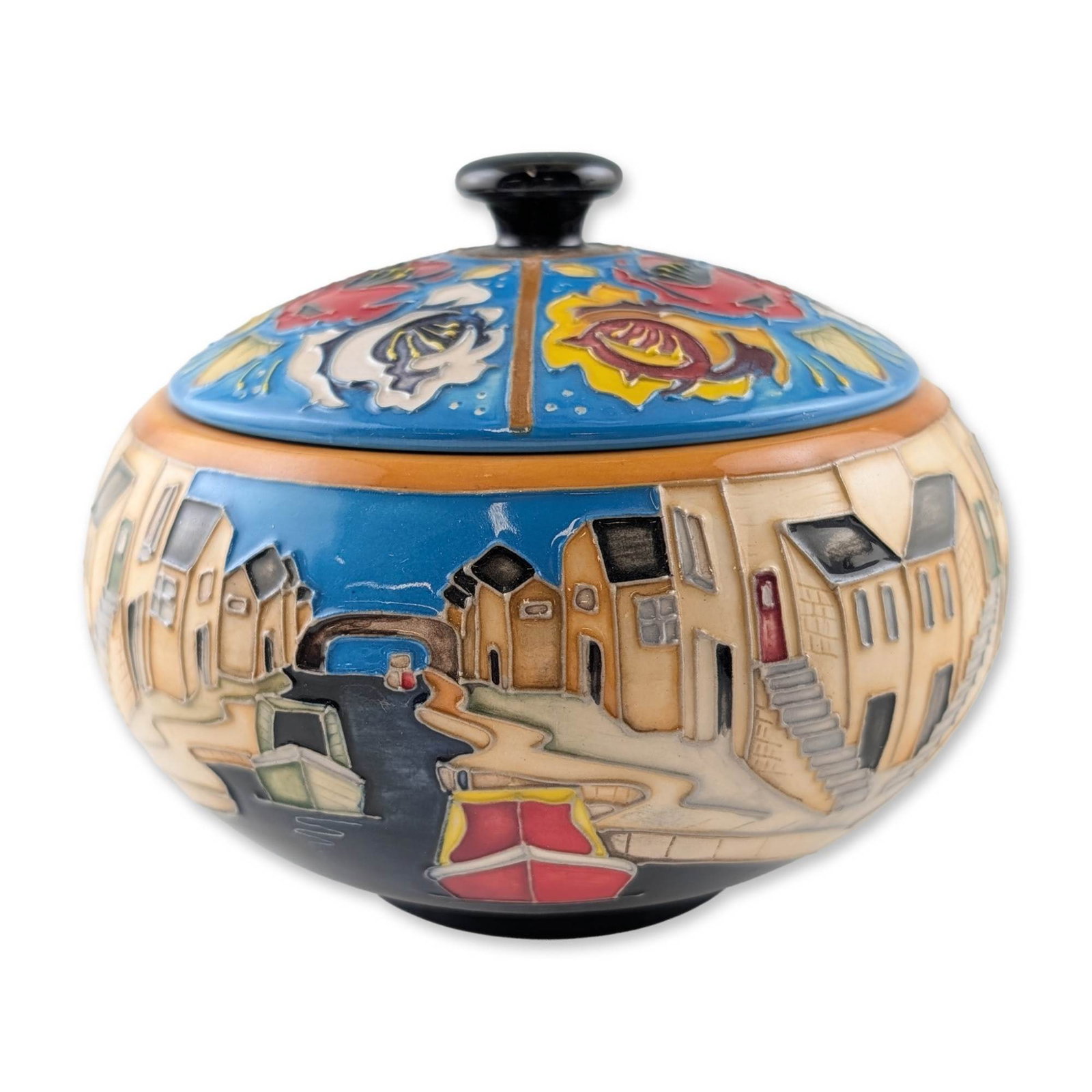 Moorcroft Skipton Trial Lidded Bowl: Moorcroft Pottery earthenware lidded bowl or preserve pot, designed by Vicki Lovatt in the Skipton pattern. The bulbous form features hand-painted tubelined decoration depicting a continuous canal sce