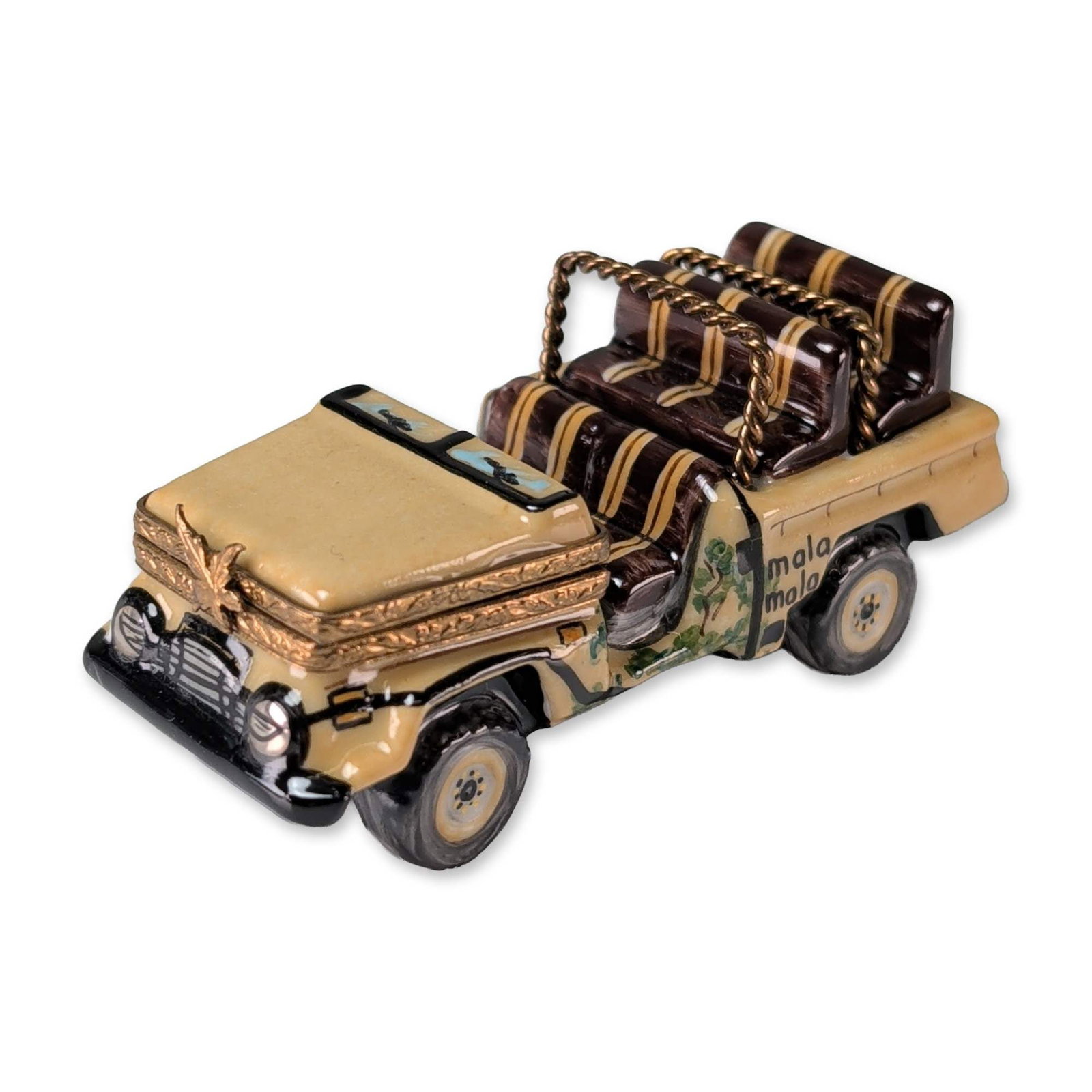 Limoges Porcelain Safari Vehicle Box: Limoges, France, hand-painted porcelain trinket box modeled as a safari vehicle with roof-mounted luggage. The tan-colored vehicle features brown and tan striped suitcases secured by gold-tone metal c