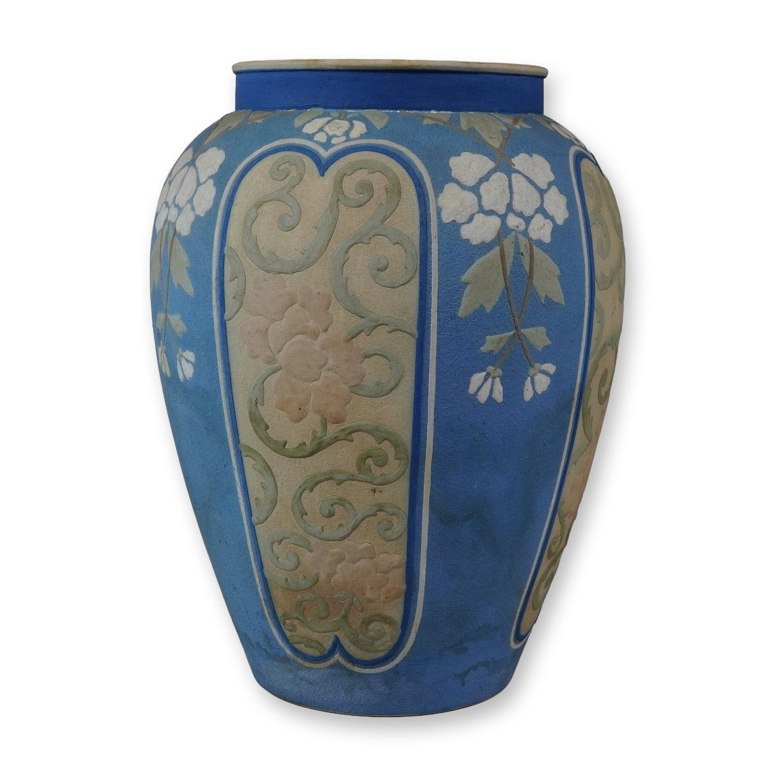 Wedgwood Silicon Ware Relief-Decorated Stoneware Vase: Wedgwood Silicon Ware stoneware vase of ovoid form, tapering to a flat base with a short, straight neck. The body features elaborate relief-molded and slip-applied decoration in the Arts and Crafts st